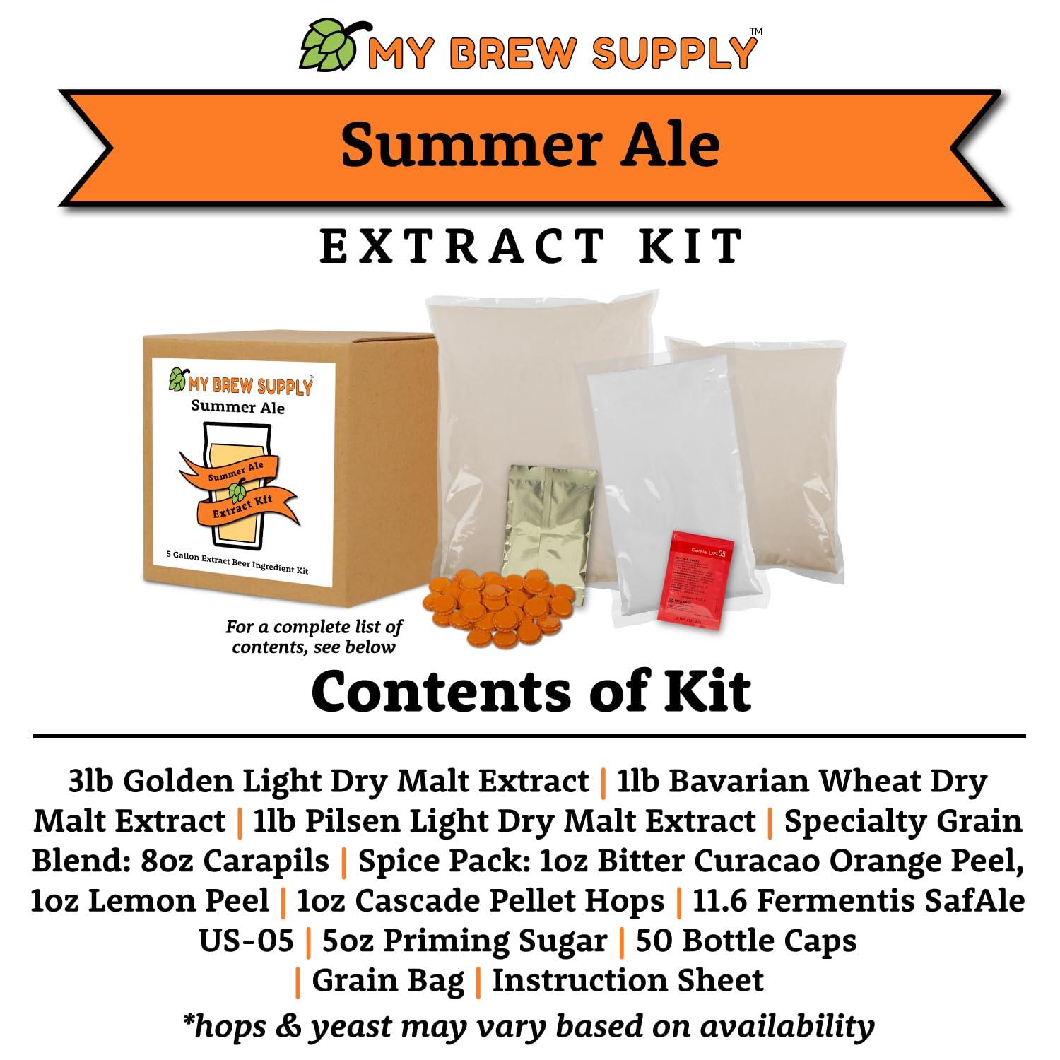 My Brew Supply My Brew Supply Summer Ale Extract Kit | Golden Light, Wheat, & Pilsen Dry Malt Extract | Bitter Orange & Lime Peel | Carapils Grain | Cascade Pellet Hops | Fermentis Safale Yeast | 5G Yield