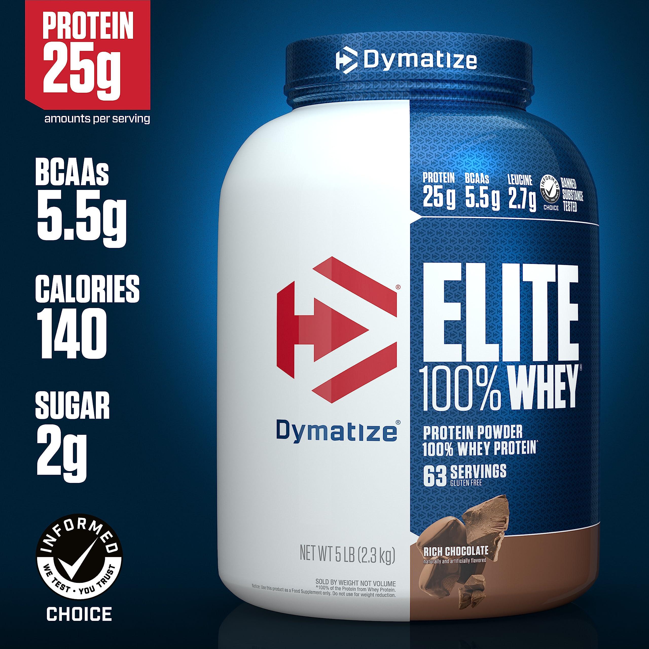 Dymatize Dymatize Elite 100% Whey Protein Powder, 25g Protein, 5.5g BCAAs & 2.7 L-Leucine, Quick Absorbing & Fast Digesting for Optimal Muscle Recovery, Rich Chocolate, 5 Pound, 63 Servings