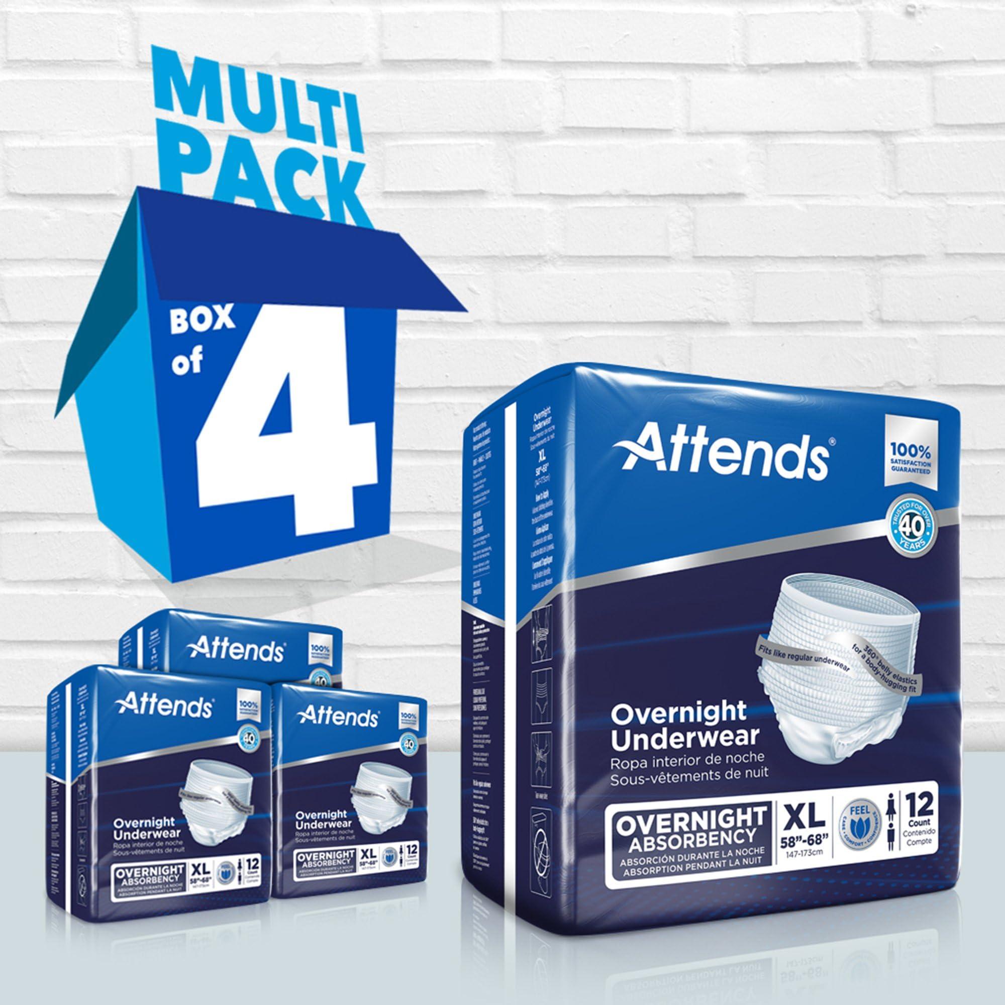Attends Attends Overnight Underwear for Adult Incontinence Care with ConfidenceCuff™ Protection, Overnight Absorbency, Unisex, X-Large, 12 Count (x4)