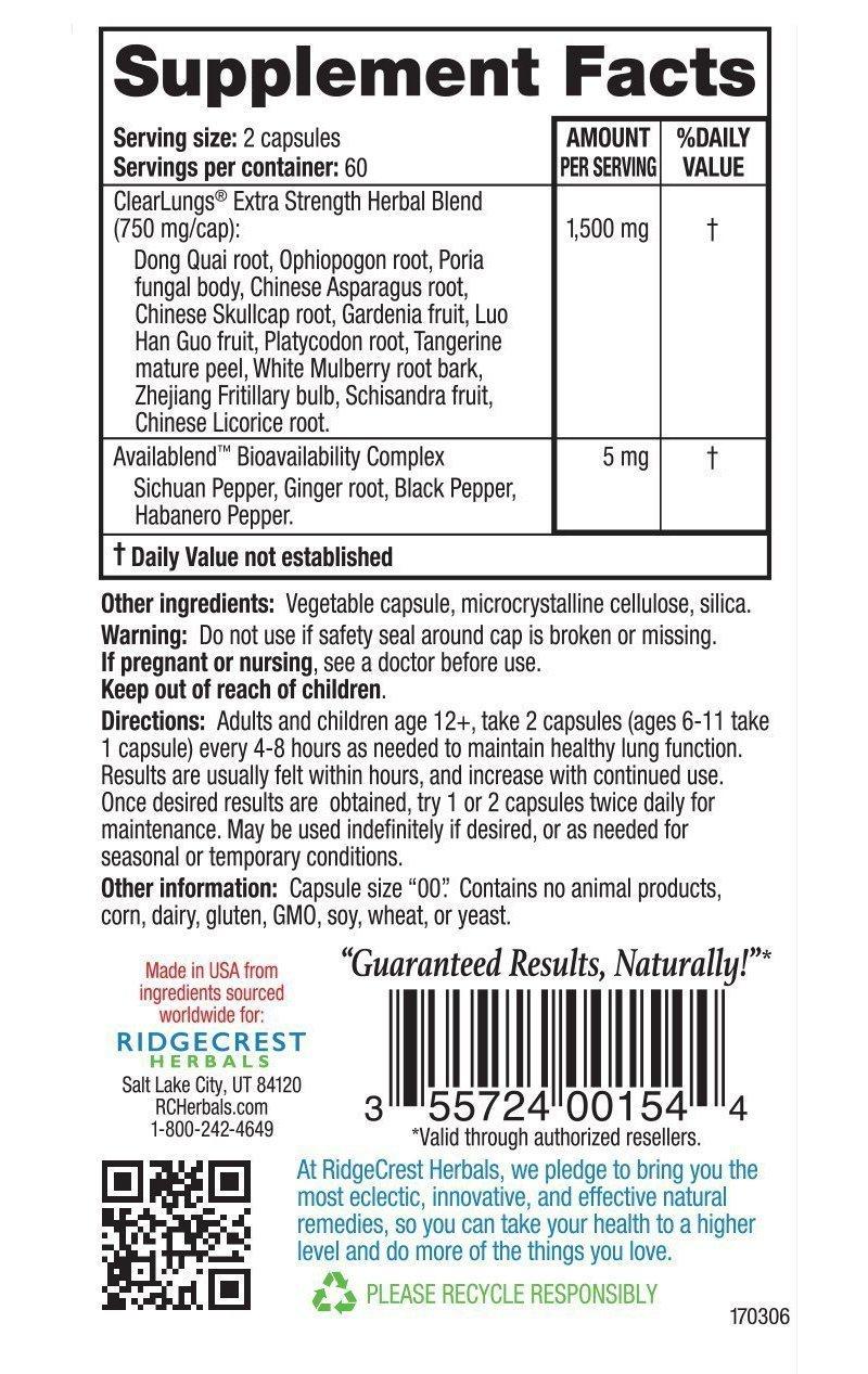 RidgeCrest Herbals RidgeCrest Clearlungs Extra Strength, Homeo/Herbal Decongestant , 120 Veg Capsules