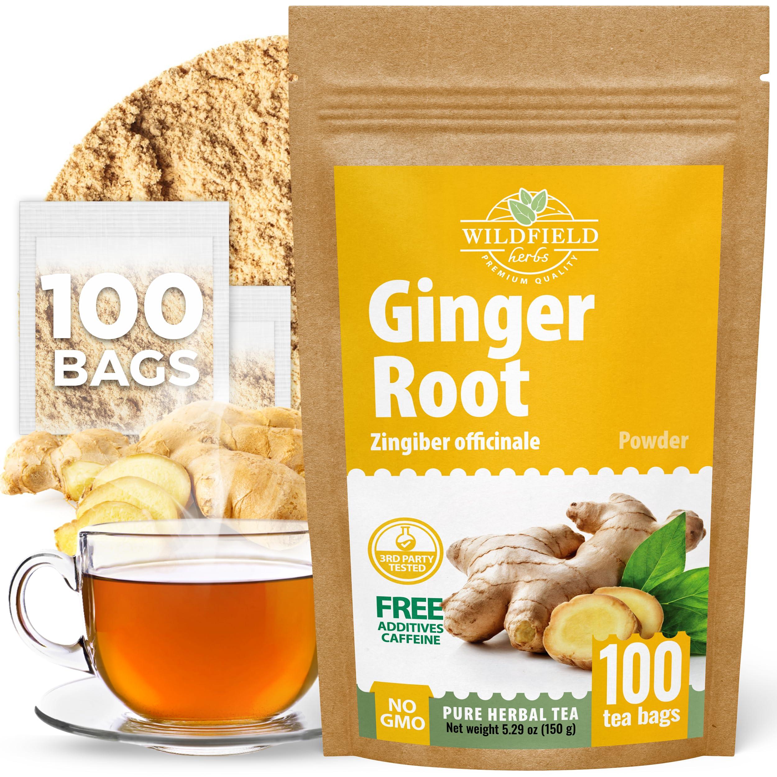 WILDFIELD HERBS 100 Ginger Tea Bags Ginger Root Tea Dry Dried Herb (Zingiber officinale) - 100 Count 1.5g Tea Bags Ginger Raz de jengibre
