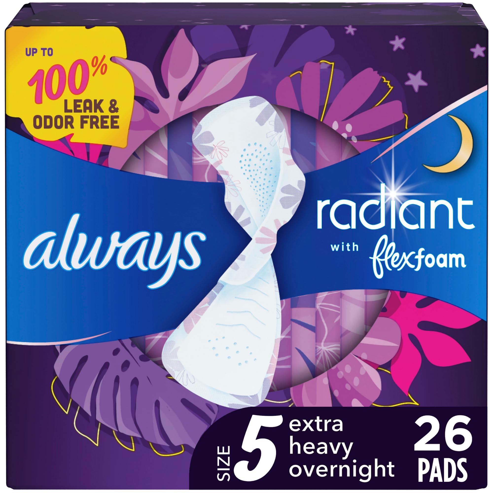 Always Always Radiant FlexFoam Pads for Women, Size 5, Extra Heavy Overnight Absorbency, 100% Leak & Odor Free Protection is Possible, with Wings, Scented, 26 Count