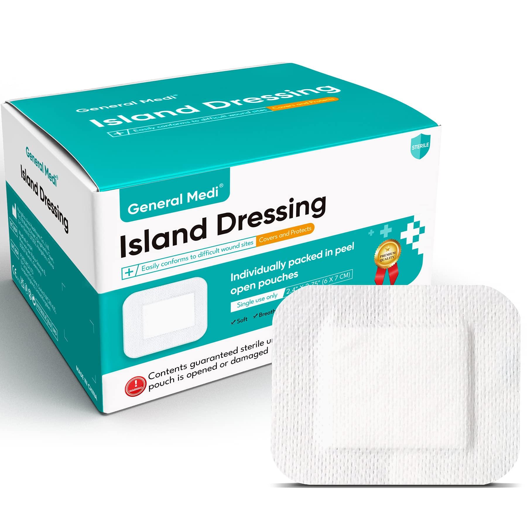 General Medi General Medi Sterile Island Dressing Bordered Gauze 100 Count, 2.4" x 2.75" Gauze Pads, Wound Care Pad with Adhesive Border - Sterile, Soft & Highly Absorbent Medical Grade Dressing Pad