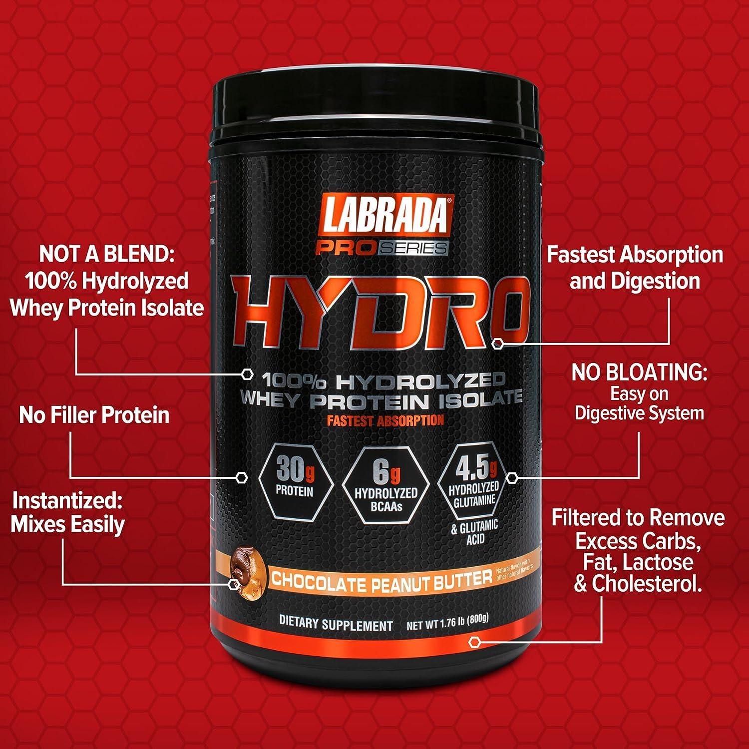 Labrada LABRADA HYDRO 100% Pure Hydrolyzed Whey Protein Isolate Powder, Lactose free, 6g BCAAs, 4.5g Glutamine, Fastest Digesting Whey Available, Instant Mixing, Delicious Taste 20 Servings Choc PeanutButter