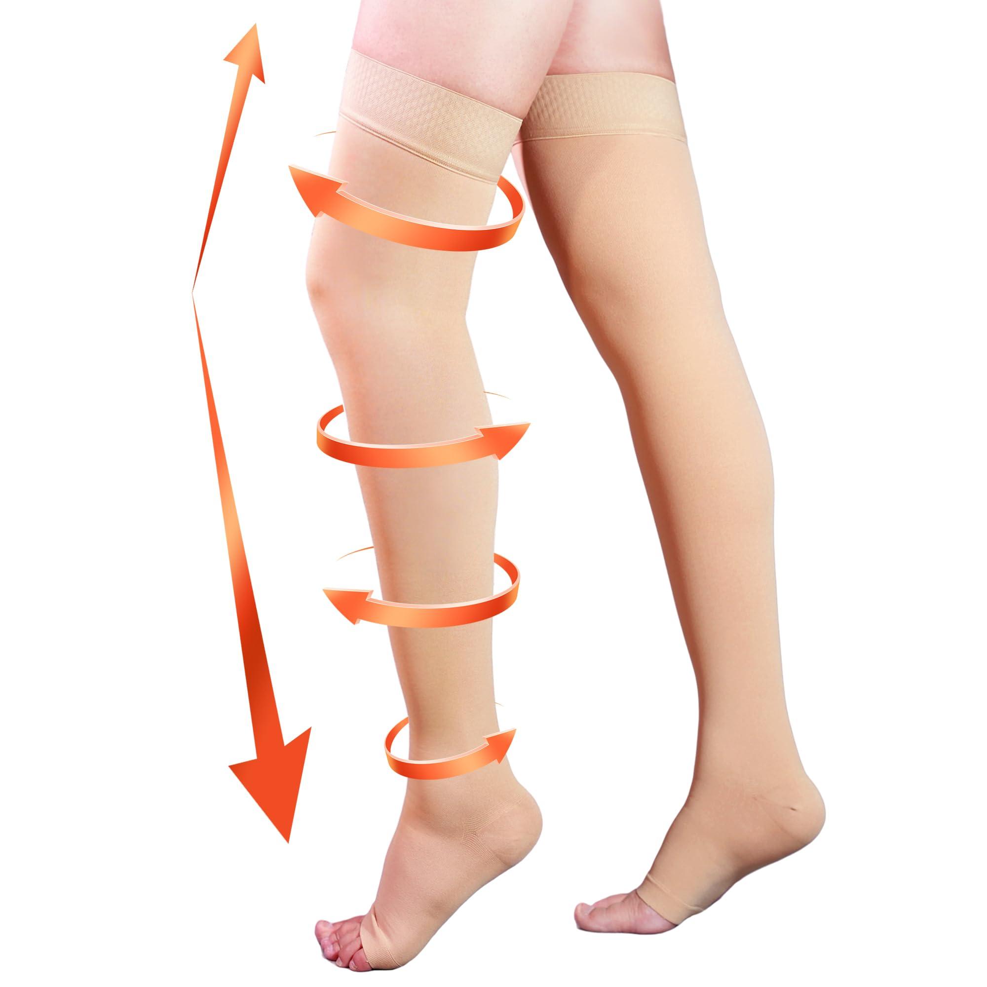 Bewzilove 20-30 mmHg Compression Stockings for Women & Men, Thigh High Compression Socks Open Toe, Silicone Dot Band (Nude, Small)