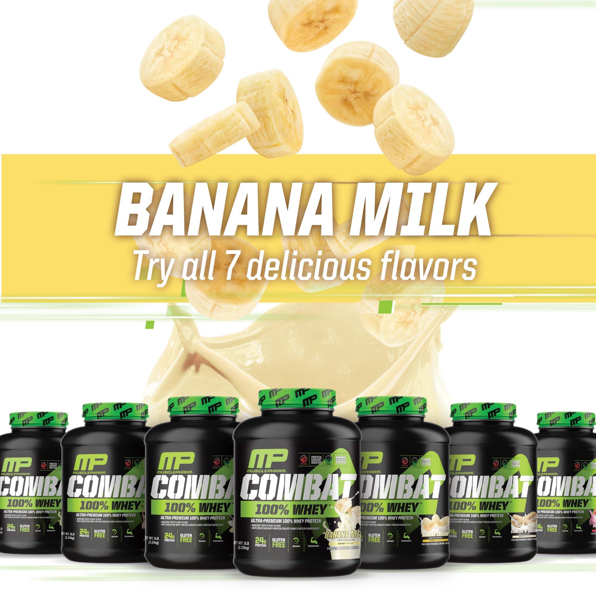 Muscle Pharm MusclePharm Combat 100% Whey Protein Powder, Banana Flavor, Fast Recovery & Muscle Gain with Whey Protein Isolate, High Protein Powder for Women & Men, Gluten Free, 5 lb, 70 Servings