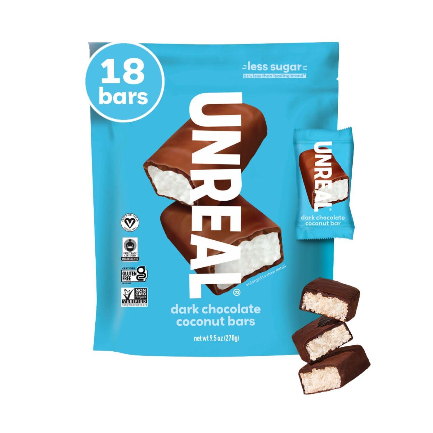 UNREAL UNREAL Dark Chocolate Coconut Bars (Value Size Bag) | Vegan, 3g Sugar, & 3 Simple Ingredients | Non-GMO, Gluten Free, & Fair Trade | 9.5oz