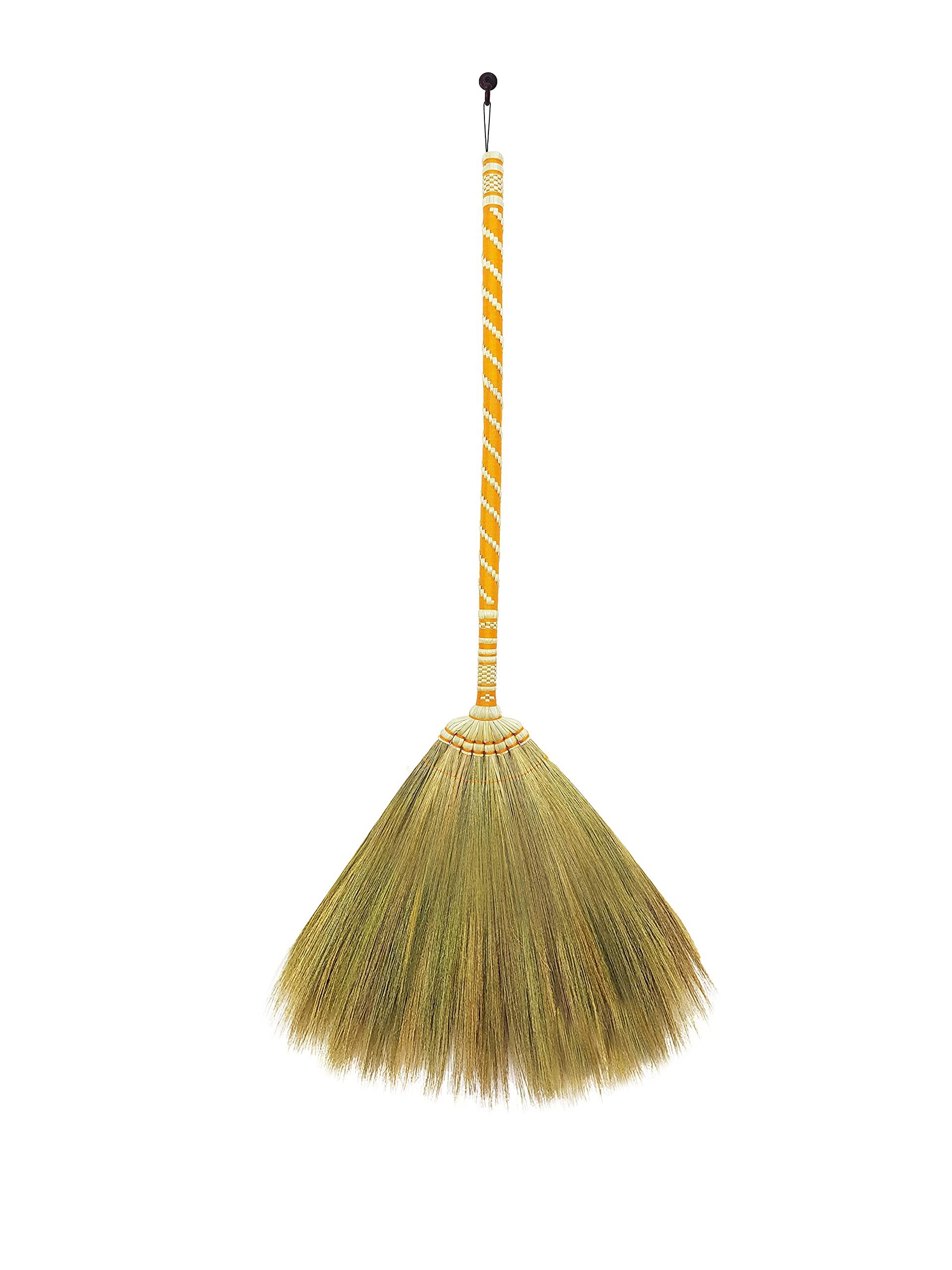 AW BROOMS Asian Straw Broom Thai for Cleaning Floor,Housewarming Gift,Thai Vintage Retro Grass Broom Stick, Hardwood Sweeper with Brush Power and Circle Cleaning ( Length 40 inch )