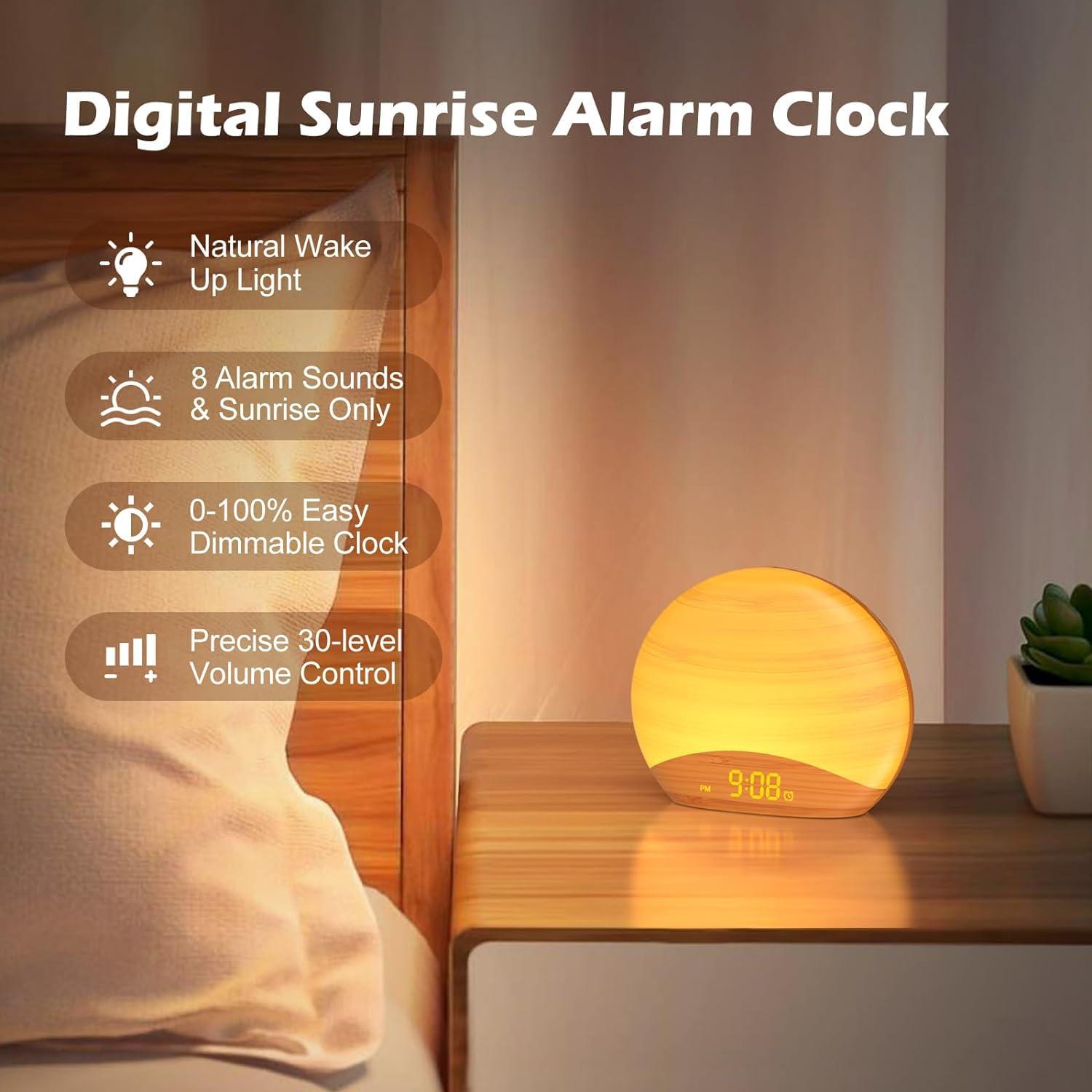 REACHER REACHER Natural Wood Grain Sound Machine Sunrise Alarm Clock26 Nature Inspired Sleeping Sounds, 0-100% Dimmable Clock, Night Light,Brown/Pink/White Noise Sound Machine for Babys, Kids, Adults
