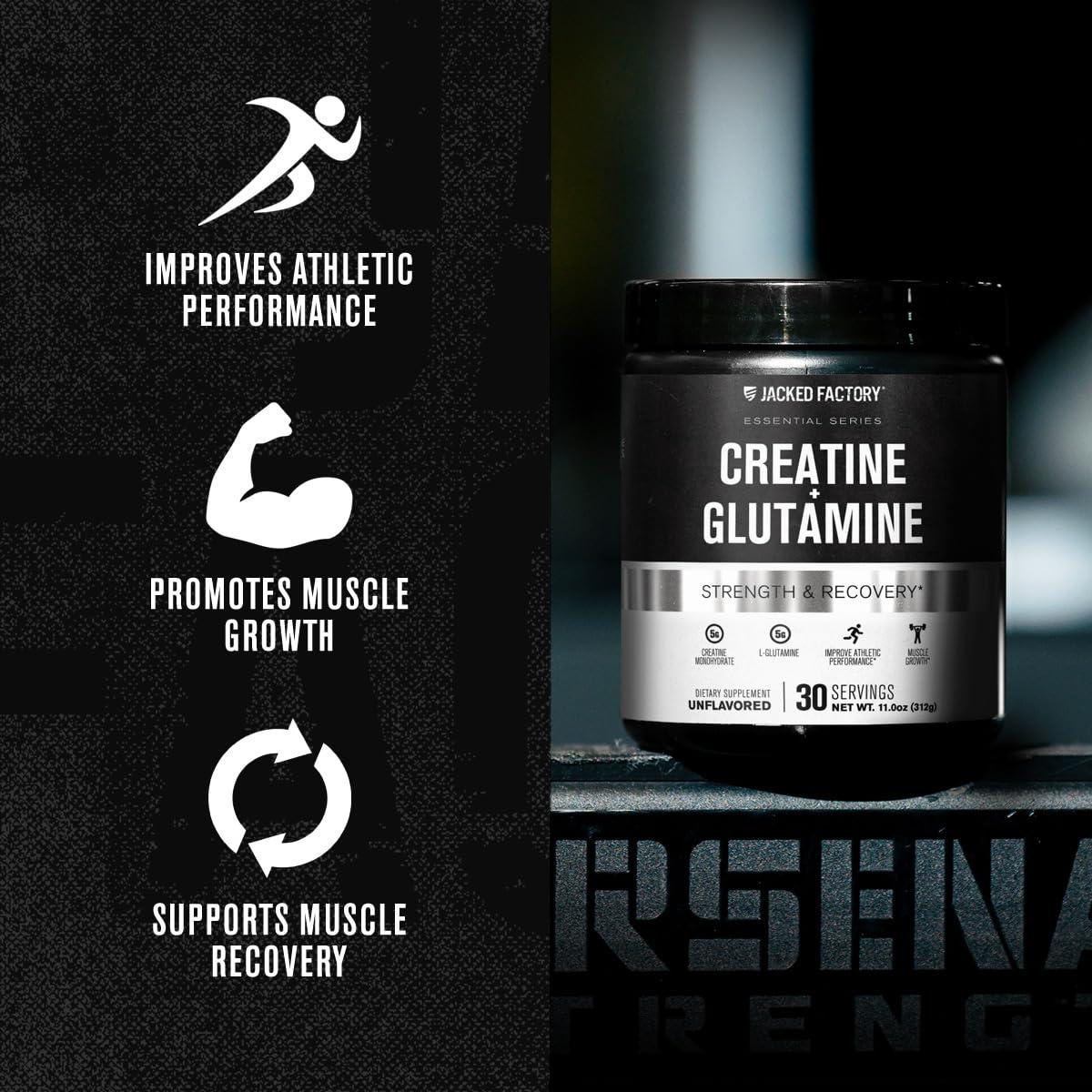 Jacked Factory Creatine + Glutamine - Creatine Supplement with L-Glutamine for Muscle Recovery, Muscle Growth, Increased Strength, Enhanced Energy Output, and Gut Health - 30 Servings, Unflavored