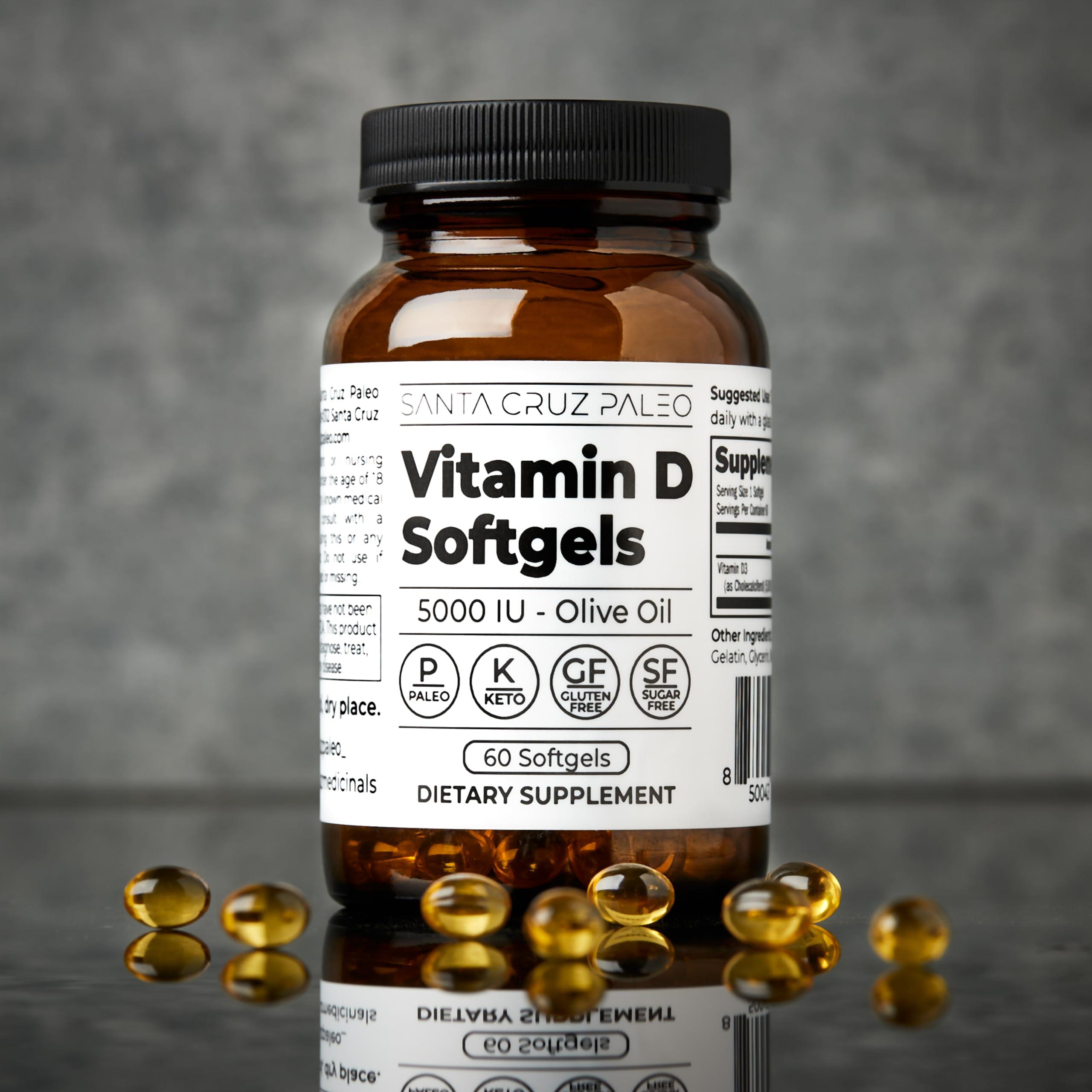 Santa Cruz Paleo Santa Cruz Paleo Vitamin D Supplement, Bone Health & Immune Support, 5000 i.u. Per Softgel, Gluten Free, Keto, Sugar Free, Paleo, Vitamin D3, Olive Oil for Absorption, Natural Ingredients, 60 Softgels