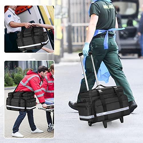 Damero Damero Rolling Medical Bag with Detachable Trolley, Medical Equipment Bag with Removable Pouches and Dividers, First Aid Responder Bag Empty for Home Health Nurses, Doctors, EMT, EMS, Black