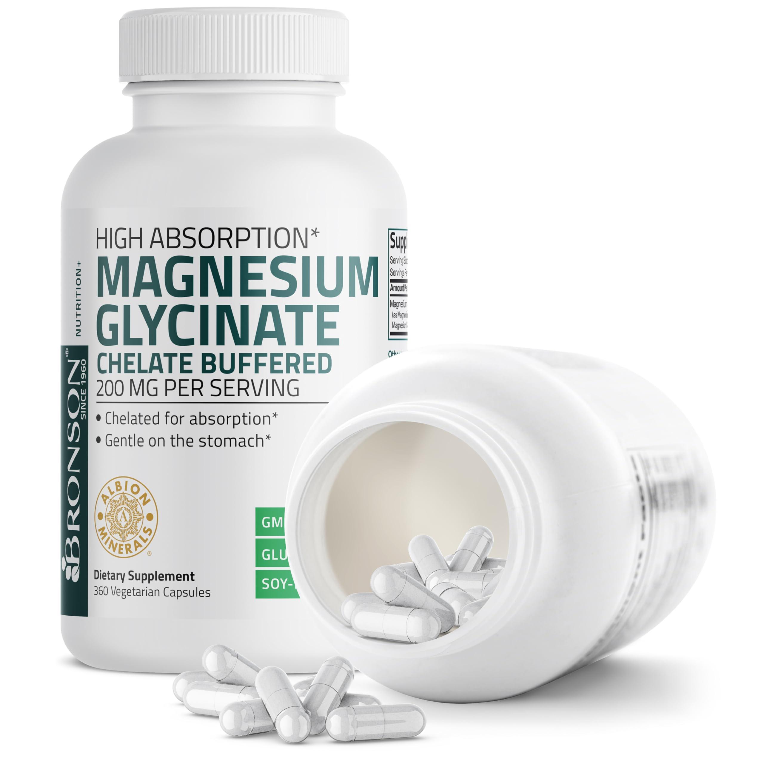 Bronson Bronson Magnesium Glycinate 200 MG per Serving Chelated for High Absorption, Gentle On Stomach, Non-GMO, 360 Vegetarian Capsules