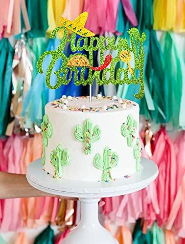 Yuezoloz Yuezoloz Cactus Cake Topper, Happy Birthday Cake Topper with Taco and Maracas, Fiesta Cake Topper, Succulent Cake Topper, Mexican Theme Birthday Party Supplies, Cactus Party Decorations