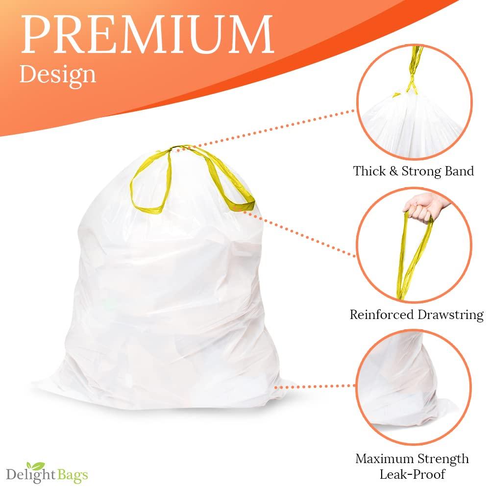 Delight Bags CODE H (100 Count), Compatible with Simplehuman Code H, White, Drawstring Trash Bags