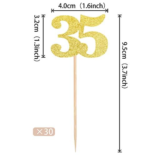 ZHUOWEISM 30 PCS Number 35 Cupcake Toppers Glitter Cheers to 35 years Old Birthday Cupcake Picks 35th Birthday Wedding Anniversary Party Cake Decorations Supplies Gold