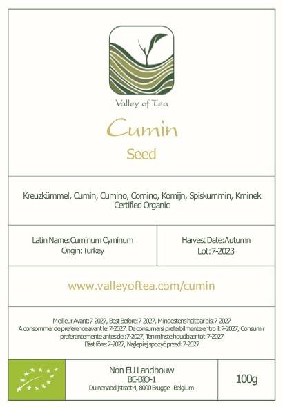 Valley of Tea Cumin Seeds Whole Organic Spice - Culinairy Seeds - Cuminum Cyminum - Whole Cumin Seed Cunin Cumin Seeds Organic Cummin Whole Cumin Spice 100g
