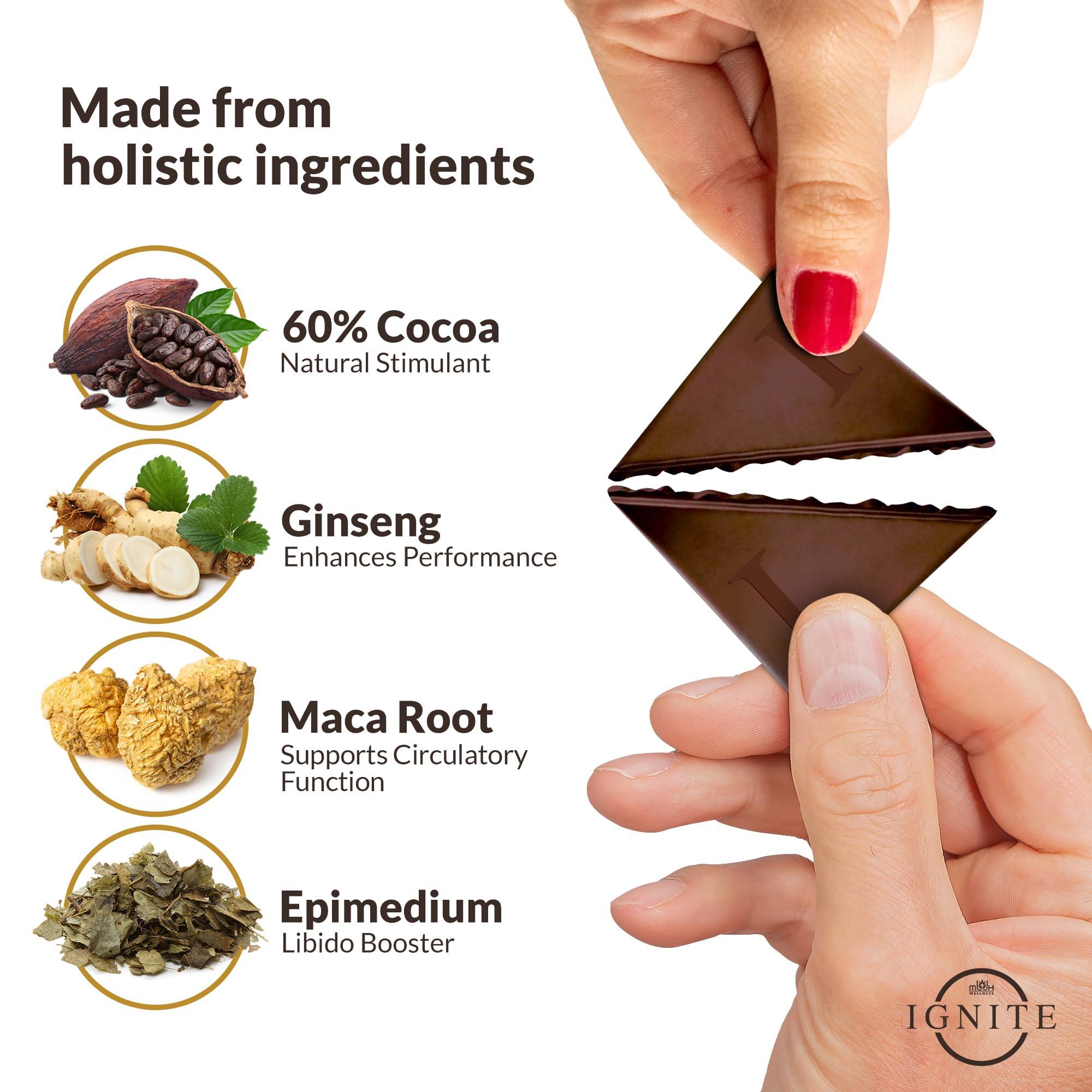 MBDH Wellness Ignite Dark Chocolate Bars - Premium Dark Chocolate Squares for Couples - 60% Cocoa, Vegetarian - Crafted with Epimedium and Maca Root for a Delightful Experience - Ideal for Men & Women - Pack of 1
