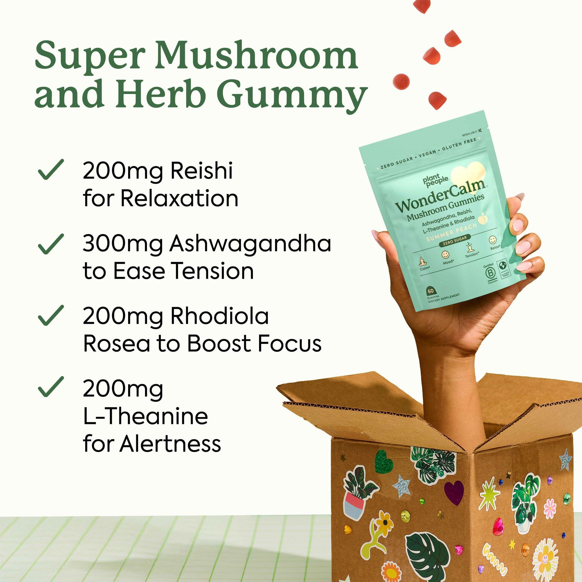 Plant People Plant People WonderCalm Mushroom Gummies - Natural Ashwagandha Supplement to Ease Stress & Boost Mood for Adults without Sugar, Gluten or Artificial Colors, Vegan-Friendly, Peach Flavor, 60 Count