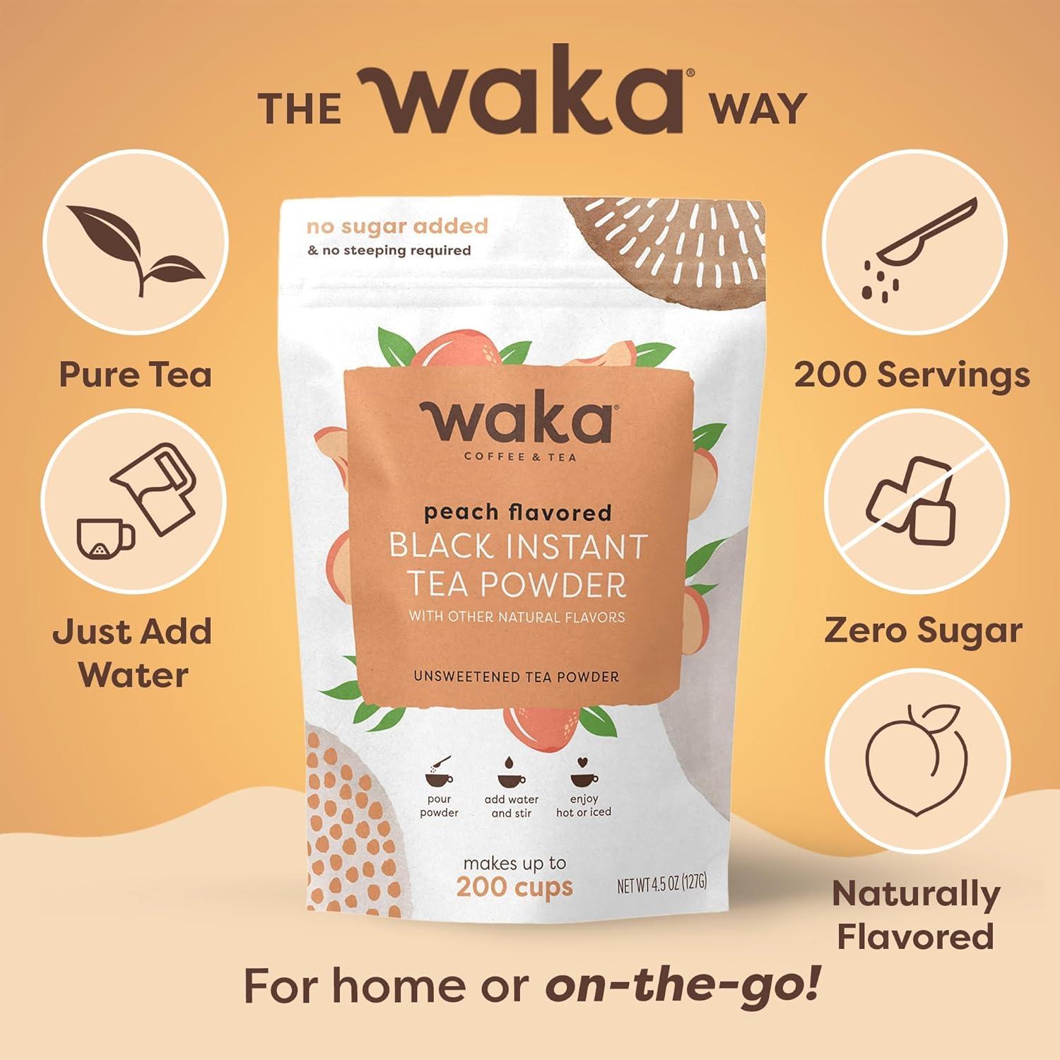 Waka Coffee Waka Instant Black Tea Mix, Peach Flavored - 100% Tea Leaves, No Additives, Unsweetened Tea Powder for 50 Quarts or 200 Cups Easy and Quick Hot or Iced Teas (4.5oz)