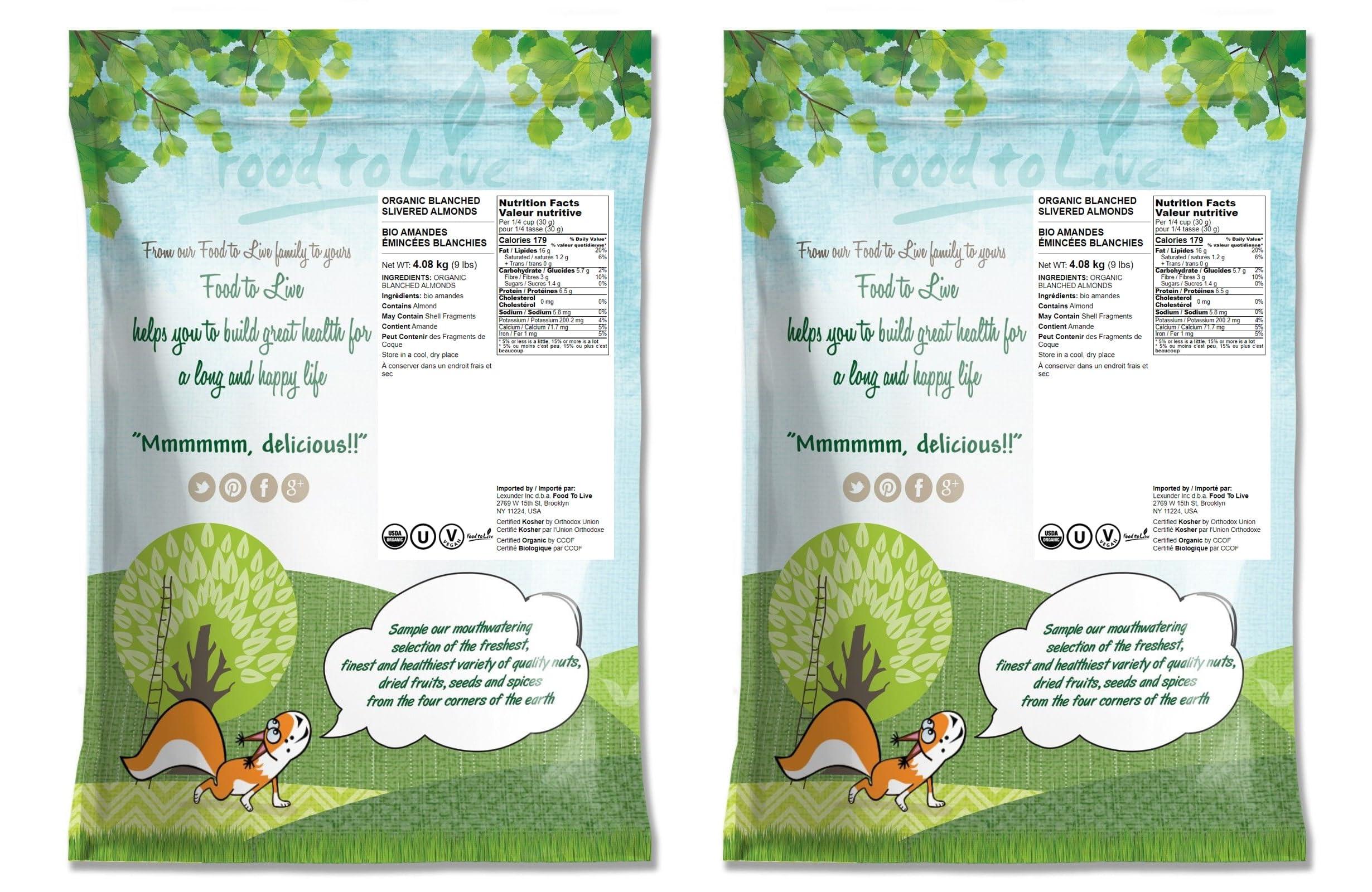 Food to Live Organic Blanched Slivered Almonds, 18 Pounds Non-GMO, Raw, Unpasteurized, Unsalted, Vegan, Keto, Paleo, Kosher, Bulk, High in Protein, Dietary Fiber. Great for Cooking, Baking, Salads and Cereals
