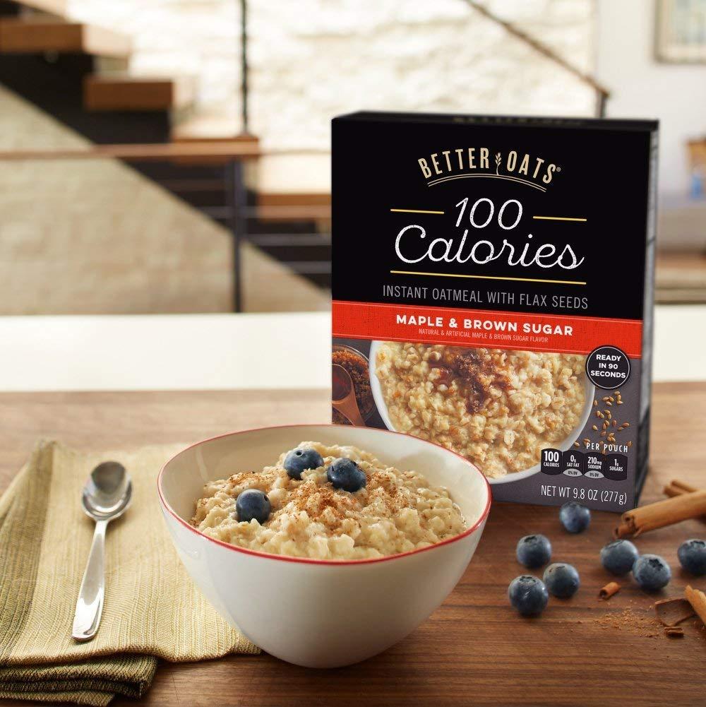 Better Oats Better Oats 100 Calorie Maple and Brown Sugar Oatmeal Packets, 100 Calorie Oatmeal Pouches, 90 Second Instant Oatmeal with Flax Seeds and Rolled Oats, Pack of 6, 9.8 OZ Pack