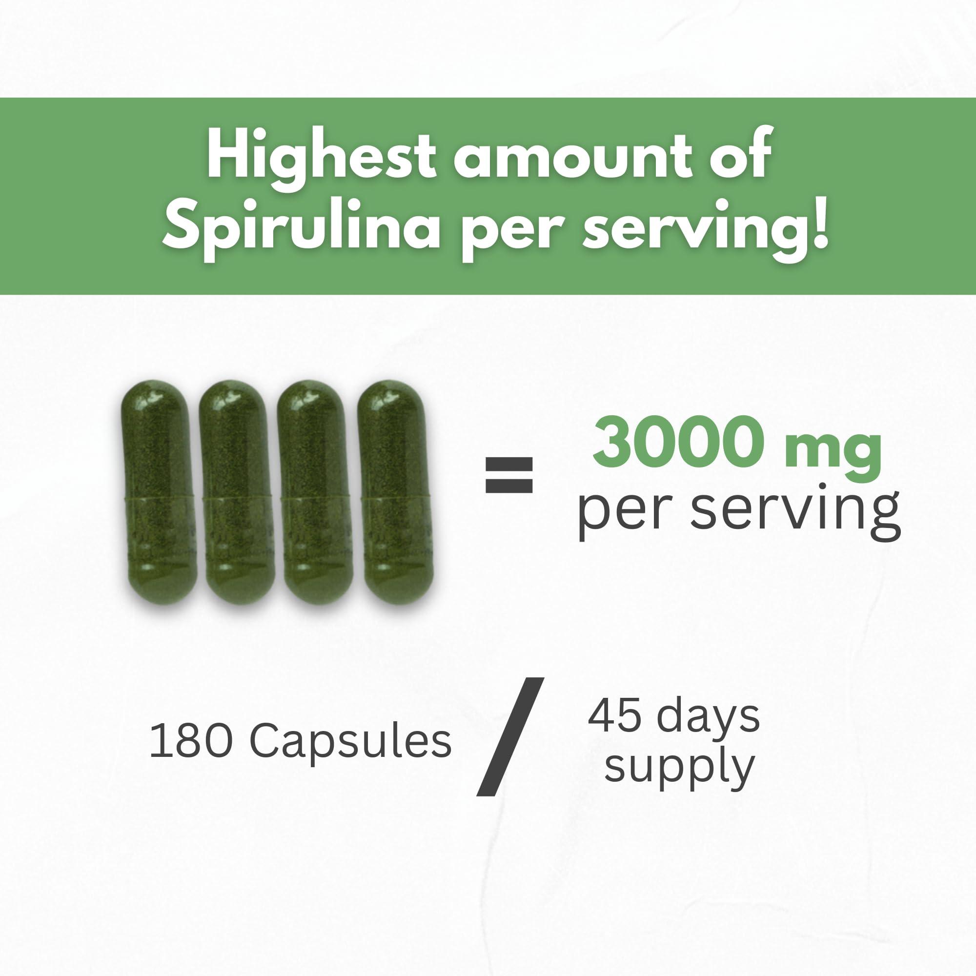HCL HERBAL CODE LABS Organic Spirulina Powder Capsules 3000 mg - Purest Non-Irradiated Blue Green Algae - Best Raw Vegan Protein - Green Superfood - Natural Multivitamins – 180 Pills Made in The USA