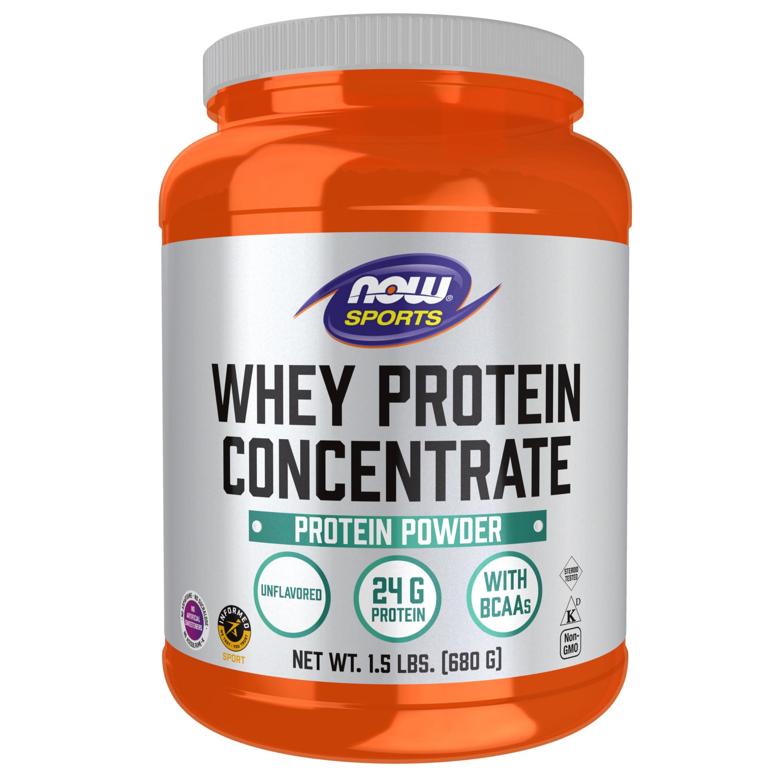 NOW NOW Sports Nutrition, Whey Protein Concentrate, 24 g With BCAAs, Unflavored Powder, 1.5-Pound