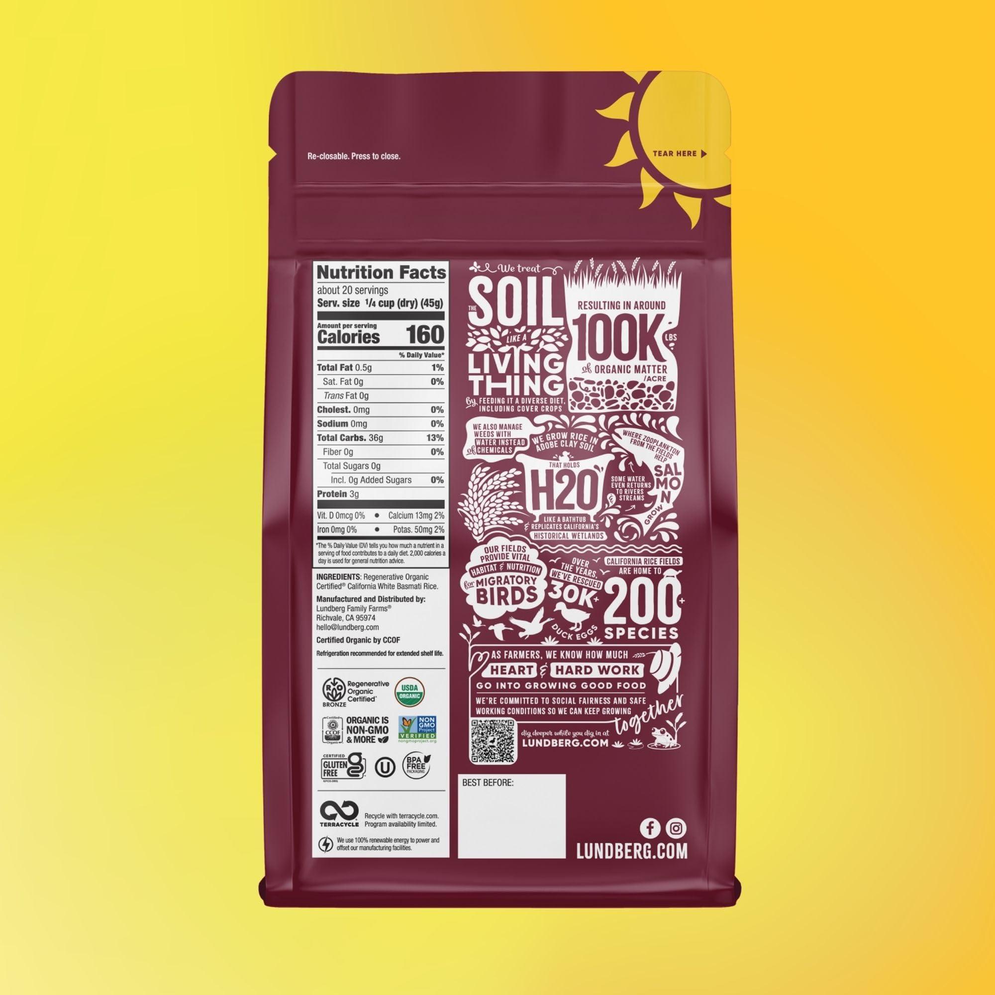 Lundberg Lundberg White Basmati Rice, Regenerative Organic Certified Non-Sticky, Fluffy & Aromatic Long-Grain Rice, Responsibly Grown in California, 32 Oz