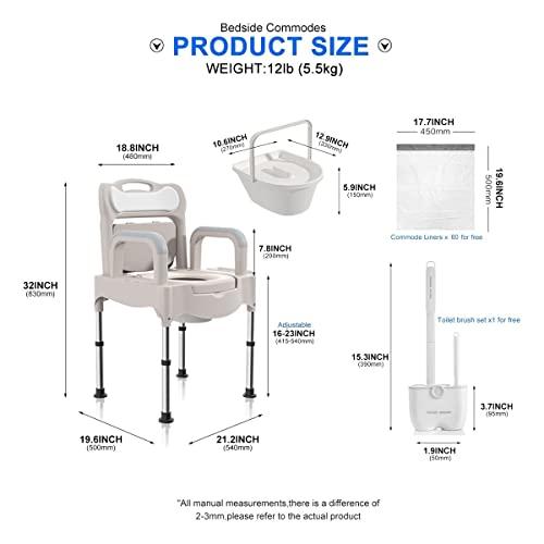 NDLBYR Bedside Commodes, 16" Toilet Chair Seat with Handles, Adjustable Mobile Portable Toilets, Anti-Slip and Anti-Rollover, Adult Potty Chair Load 660 Lb