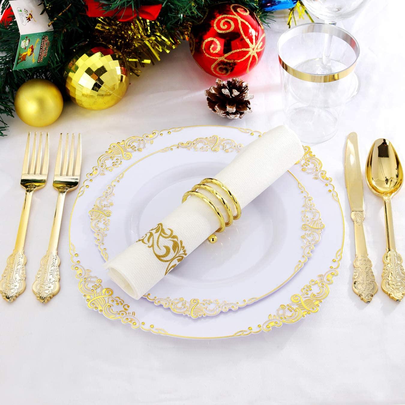 Nervure Nervure 175PCS White and Gold Plastic Plates 175PCS Clear Gold Plastic Plates