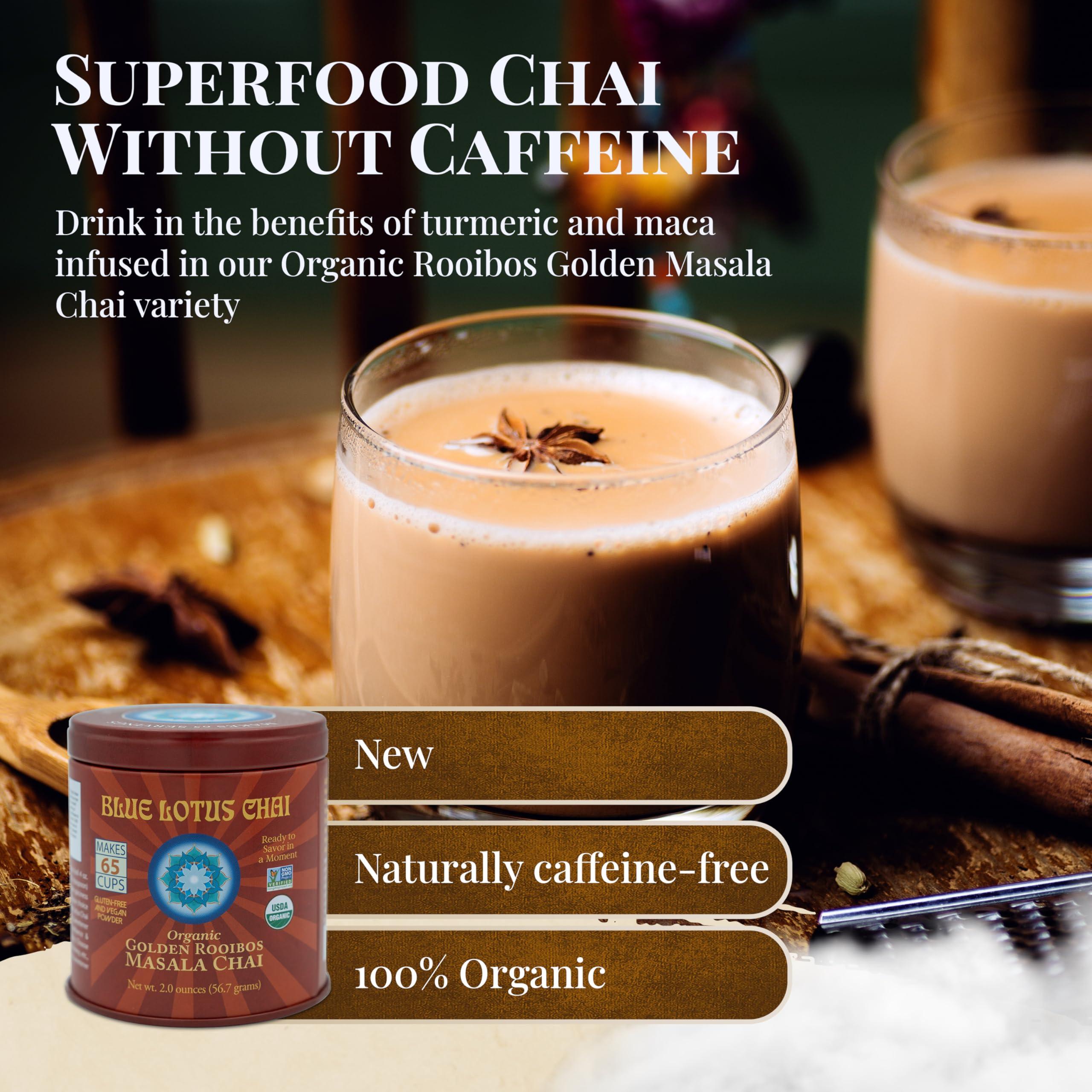 BLUE LOTUS CHAI Blue Lotus Chai - Golden Rooibos Flavor Masala Chai - Makes 65 Cups - 2 Ounce Masala Spiced Chai Powder with Organic Spices - Instant Indian Tea No Steeping - No Gluten