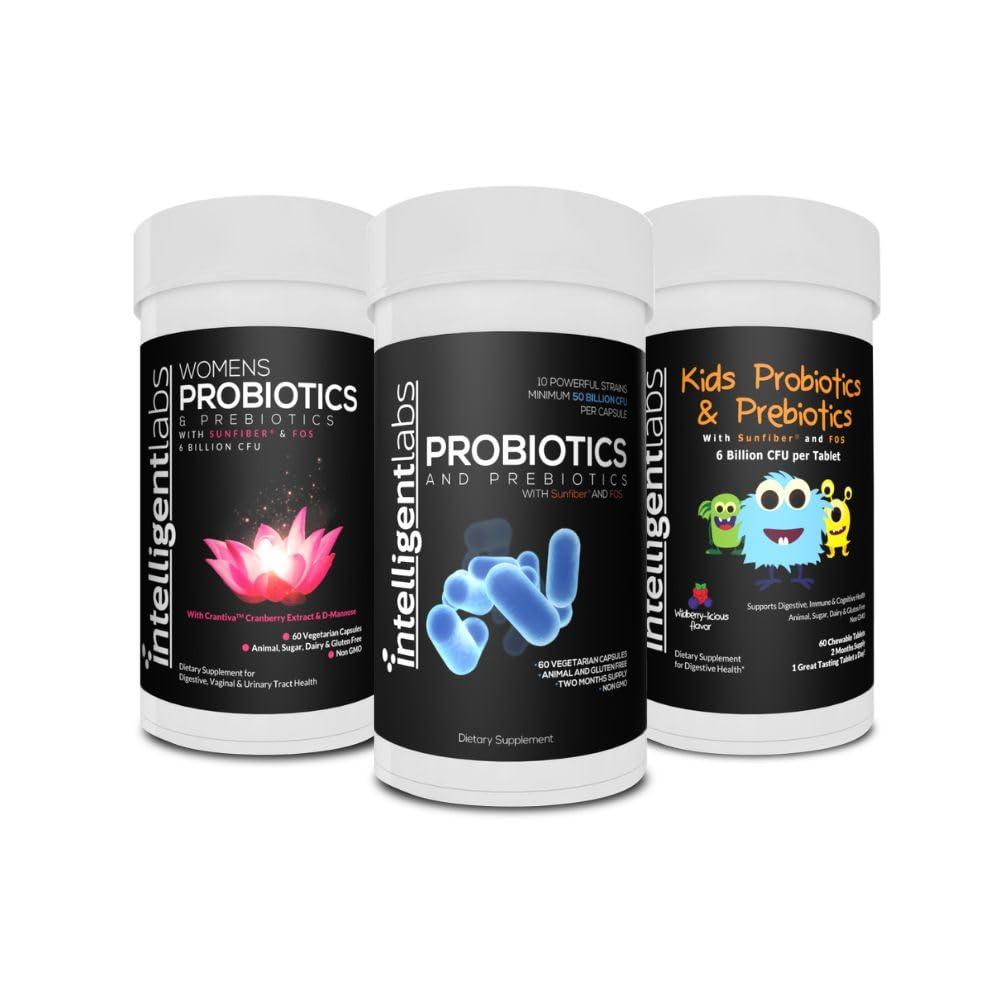 Intelligent Labs Intelligent Labs 3-in-1 Probiotics with Prebiotics Bundle for The Whole Family: Kids + Adult 50 Billion CFU + Womens Probiotics, No Refrigeration Needed, 2 Months Supply Per Bottle