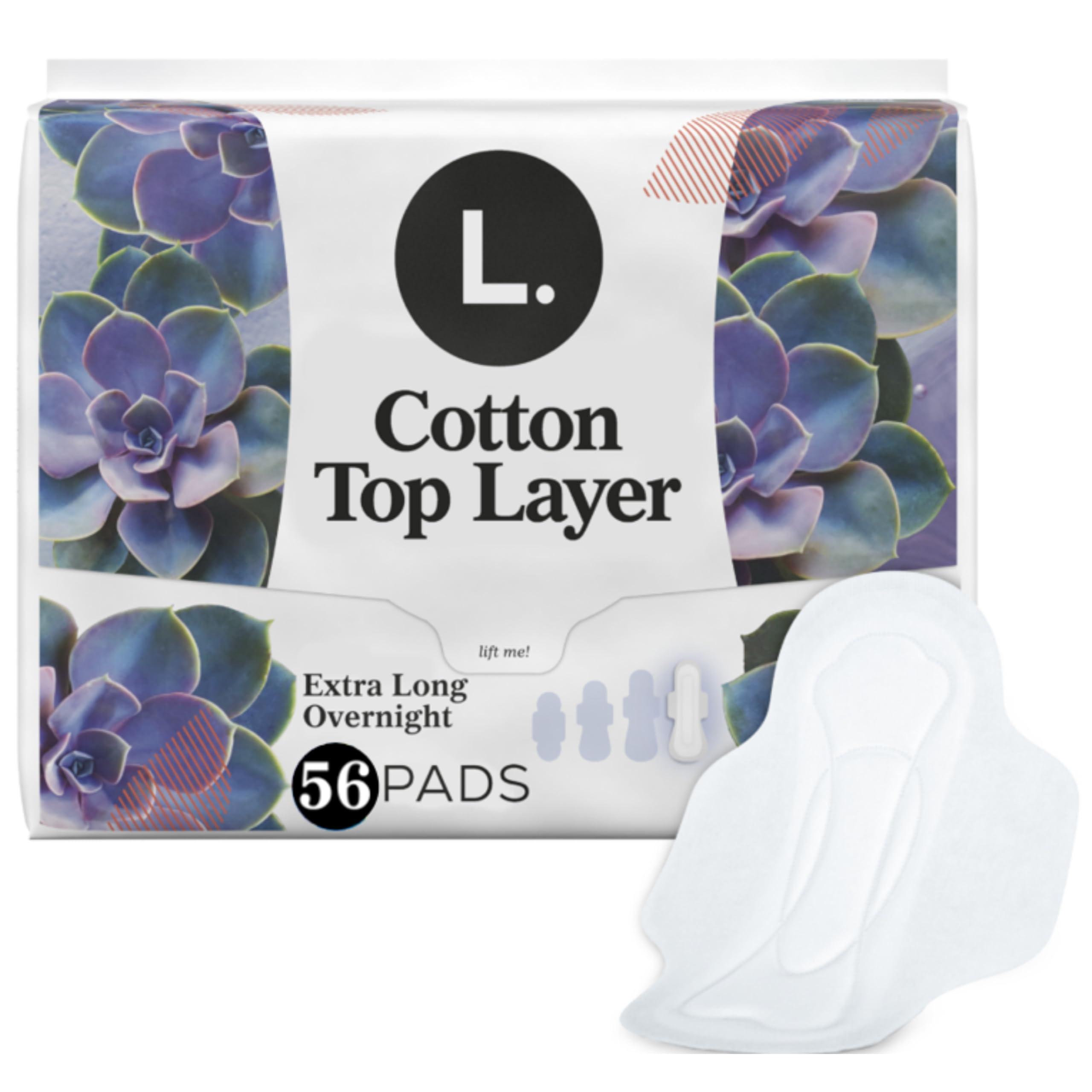 L. L. Pure Cotton Topsheet Pads for Women, Extra Long Overnight Pads, Maxi Pads with Wings, Unscented Menstrual Pads, 28 Count x 2 Packs (56 Count Total) (Packaging May Vary)