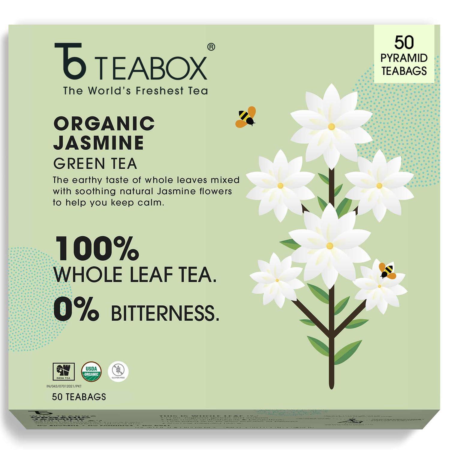 Teabox Teabox Premium ORGANIC Green Tea With Jasmine Flowers And Natural Flavours | 100% Whole Leaf Green Tea From The Himalayas | USDA ORGANIC (50 Count (Pack of 1))