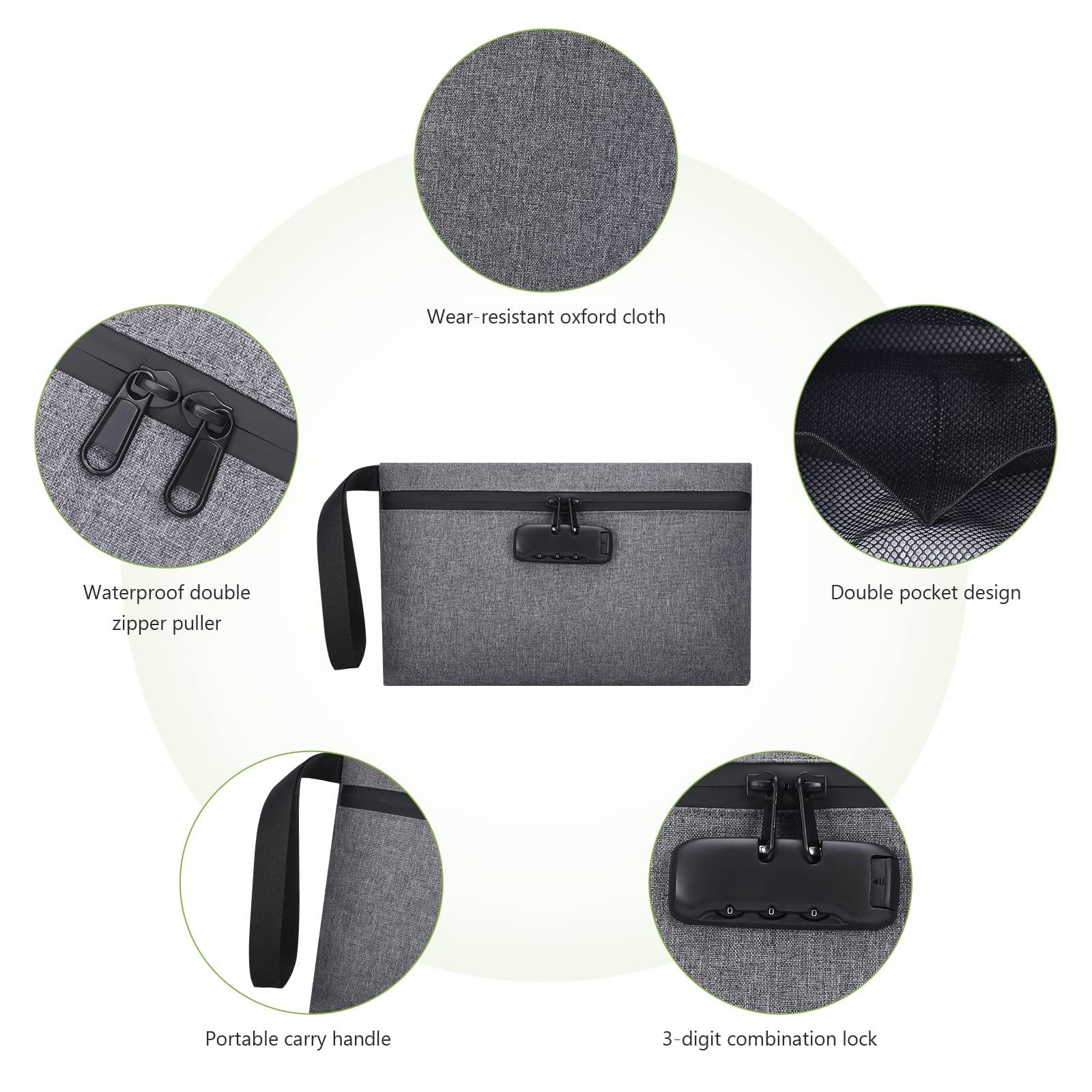KeeKit KeeKit Money Bag with Combination Lock, 13 x 8 Inches Waterproof Men & Women\'s Locking Accessories Pouch for Cash, Portable Carry Handle Bag for Travel, Bank Deposits, Credit Cards Grey
