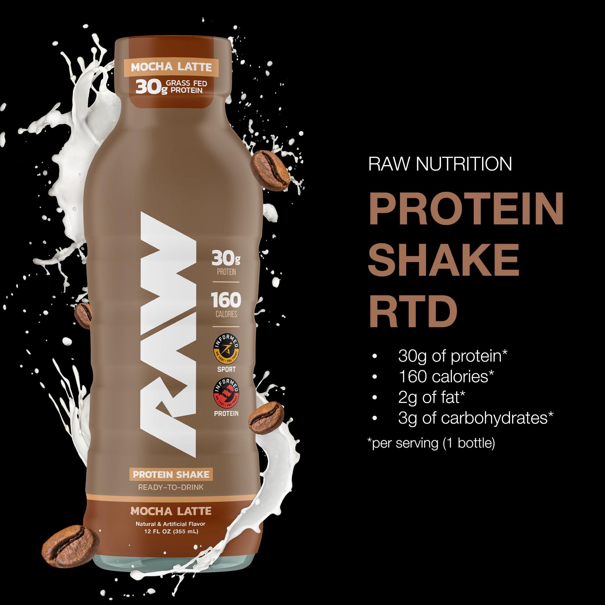 RAW RAW Ready-to-Drink Protein Shake, Mocha Latte - RTD Protein Drinks with Grass-Fed Whey Protein Isolate for Post-Workout - Zero-Sugar & Gluten-Free Meal Replacement Drink & Breakfast Shake, 12 Fl Oz