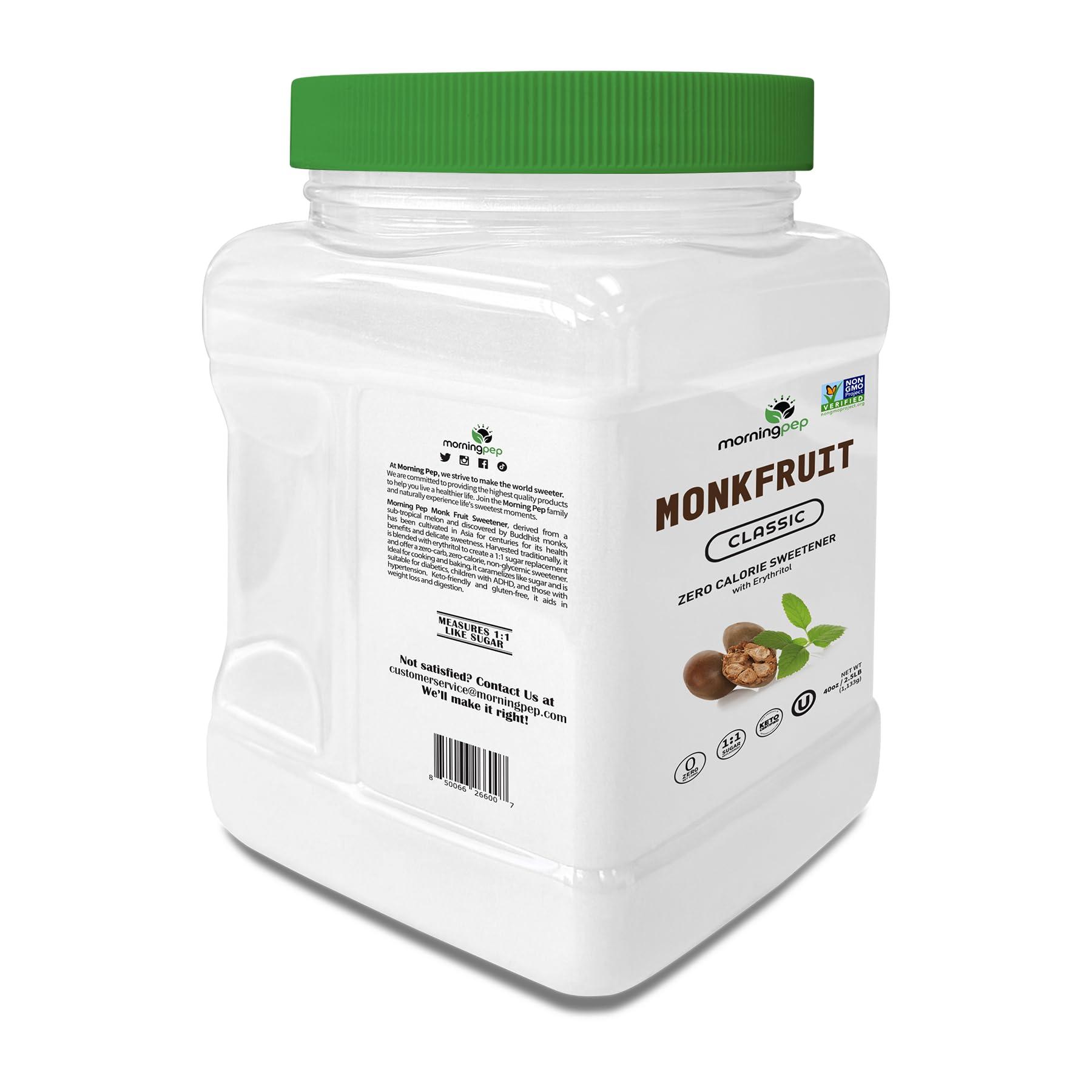 Morning Pep Morning Pep Monk Fruit Sweetener, Classic | White Sugar Substitute, Keto Diet Friendly, 1:1 Sugar Replacement, For Baking, Coffee, Tea, Zero Calorie Non Gmo Project Verified, OU Kosher, White - 2.5 lb