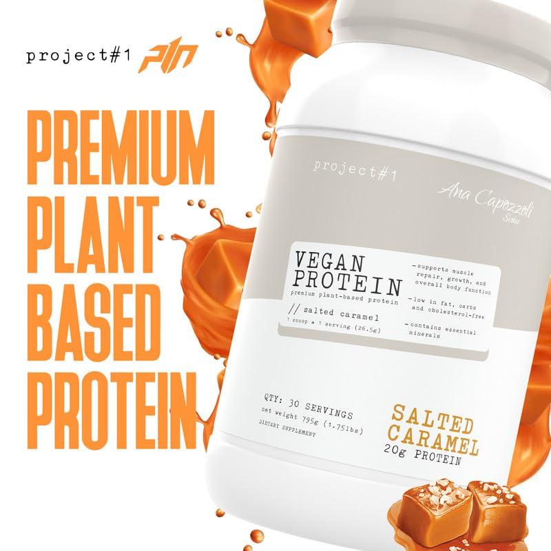 Project #1 Premium Vegan Protein Powder - Plant-Based, Protein per Serving, Gluten-Free, Soy-Free, Sweetened with Stevia (Salted Caramel) | Vegan | Organic Protein Powder
