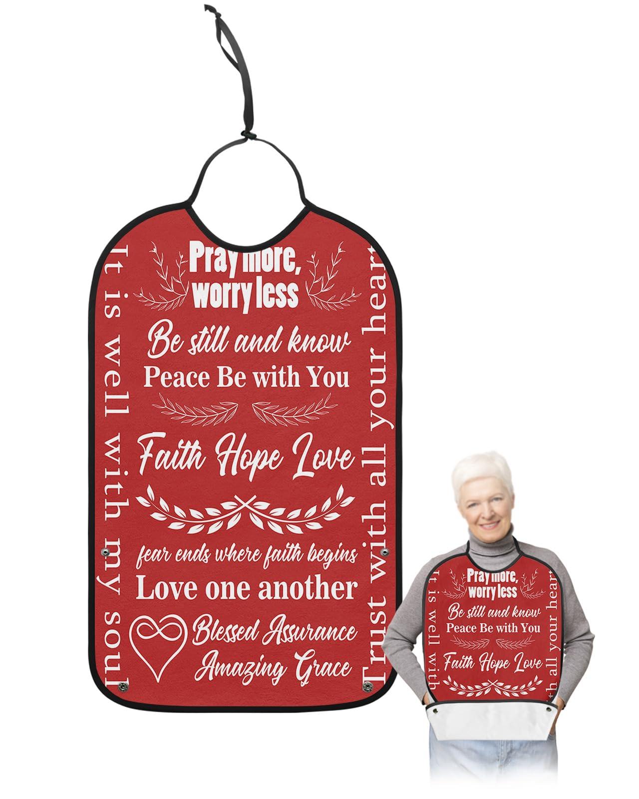QueenKer Adult Bibs for Eating, Pray More, Worry Less Touching Quotes Red Background Waterproof Clothing Protector Washable Adult Bib with Crumb Catcher for Elderly Men and Women Seniors