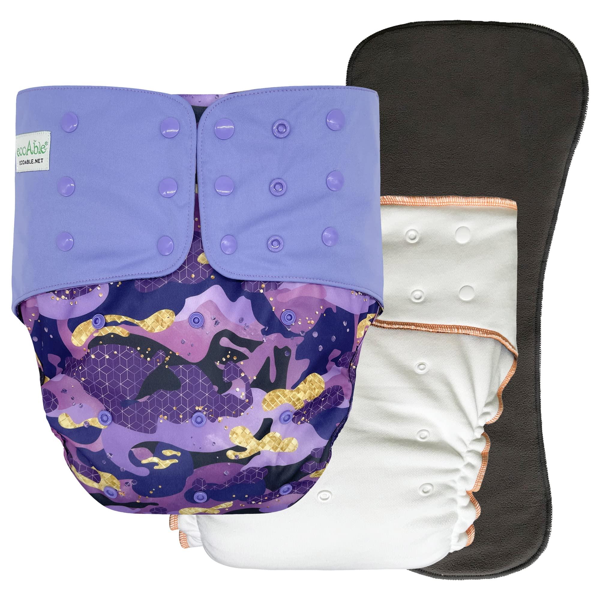 Ecoable Adult Nighttime Diaper Set - Day or Night Incontinence Protective Briefs for Special Needs Teens, Men and Women (Medium, Purple Camo)