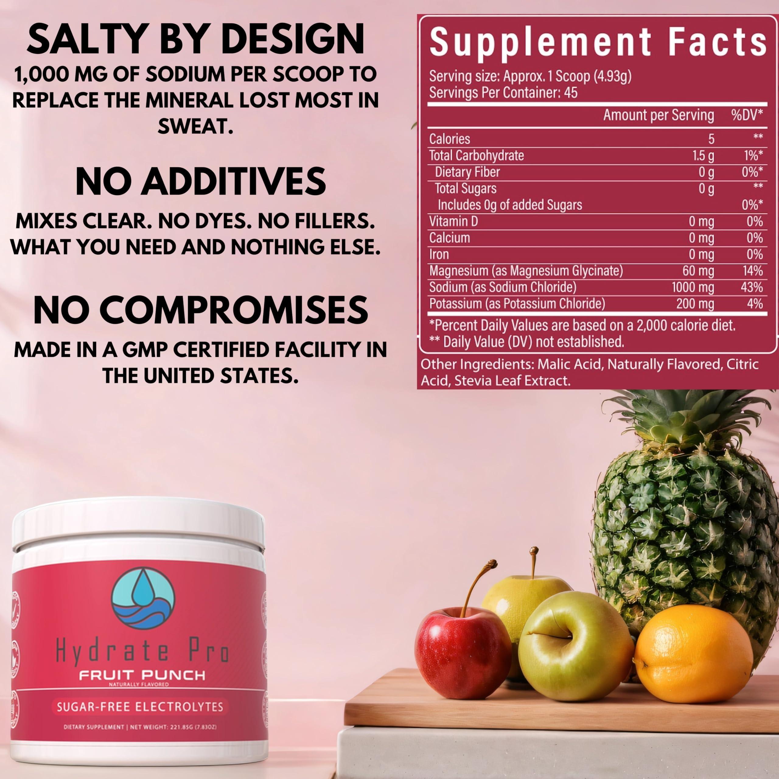 Hydrate Pro Hydrate Pro Sugar-Free Electrolyte Powder | 1000mg High-Sodium Electrolyte Complex | POTS Support & Keto Flu Prevention | 45 Servings Natural Hydration (Fruit Punch)