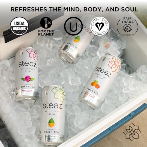 Steaz Steaz - Organic Green Tea - Zero Calorie Raspberry (12 Pack) - Antioxidant Brew - 65mg Natural Caffeine, Vitamin C - Stevia Sweetened Iced Tea - Vegan, Fair Trade - 12 Cans, 16 fl oz (473mL)