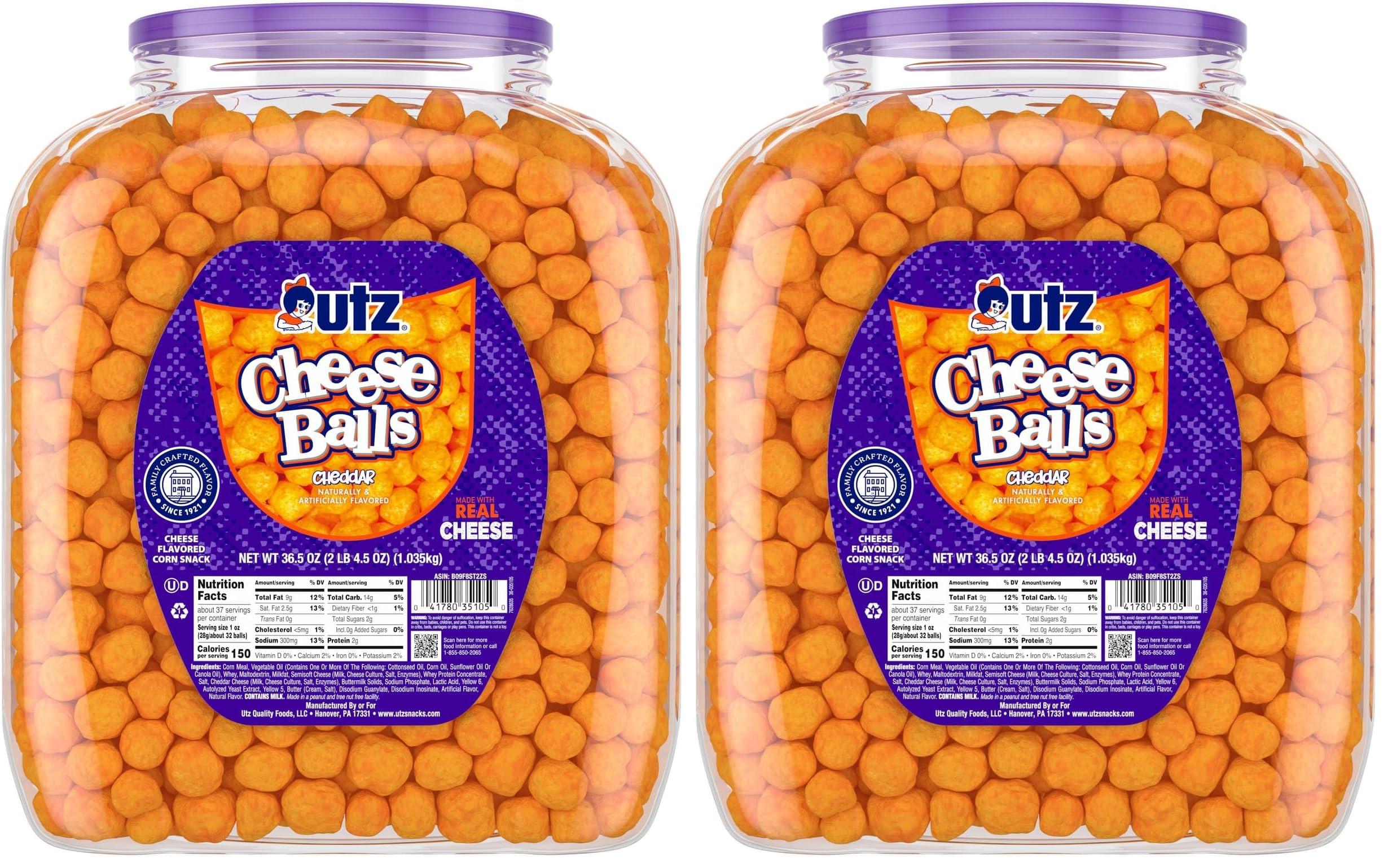 Utz Utz Cheese Balls Barrel, Tasty Snack Baked with Real Cheddar Cheese, Delightfully Poppable Party Snack, Gluten, Cholesterol and Trans-Fat Free, Kosher Certified, 36.5 Oz (Pack of 2)