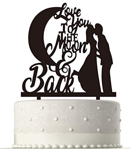 77 ponies Wedding Cake Topper- Bride and Groom & Oath I Iove You to the Moon and Back Wedding Anniverary Cake Topper(Black)
