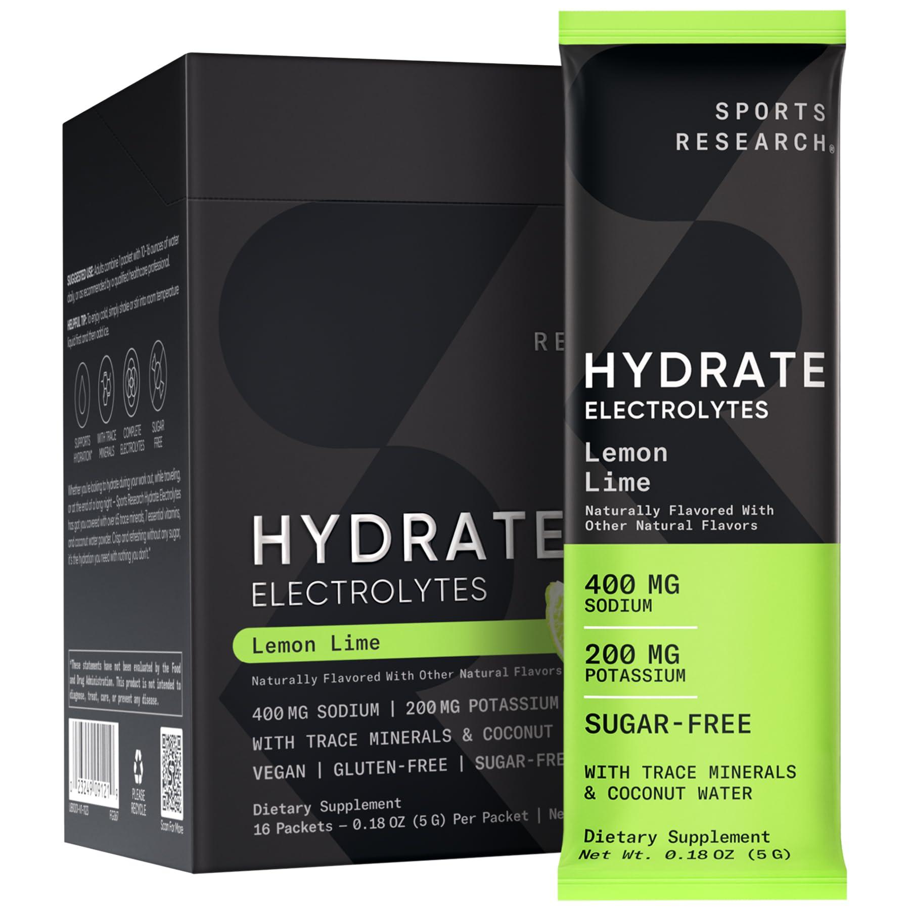 Sports Research Sports Research Hydrate Electrolytes Combo Pack - Sugar-Free & Naturally Flavored with Vitamins, Minerals, and Coconut Water - Supports Hydration - 32 Packets - Lemon Lime Dominant Flavor