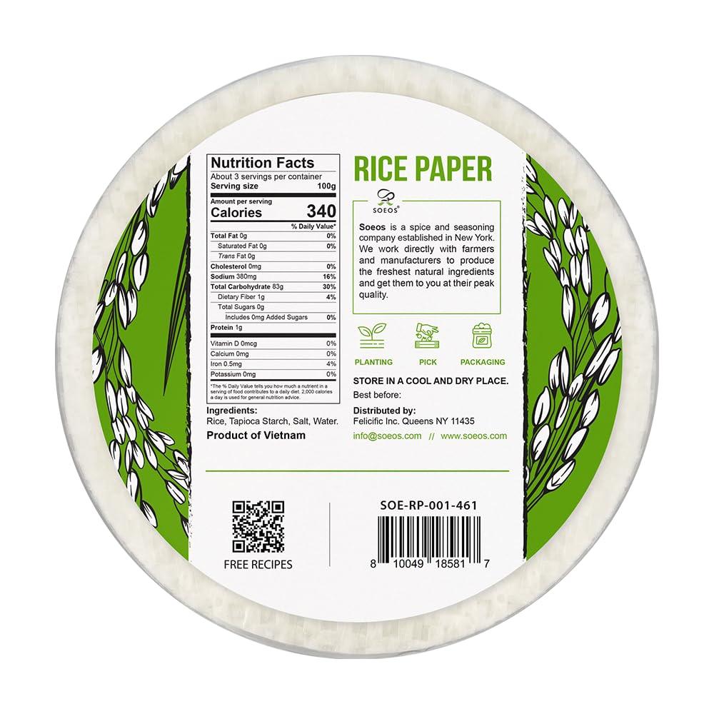 Soeos Soeos Rice Paper, White Rice Paper Wrappers, 1 Pack, 34 Sheets-Fresh Spring Roll Wrappers & Dumplings, Non-GMO, Gluten-Free, Low Carb, Vietnamese Rice Wraps (Round, 22cm)