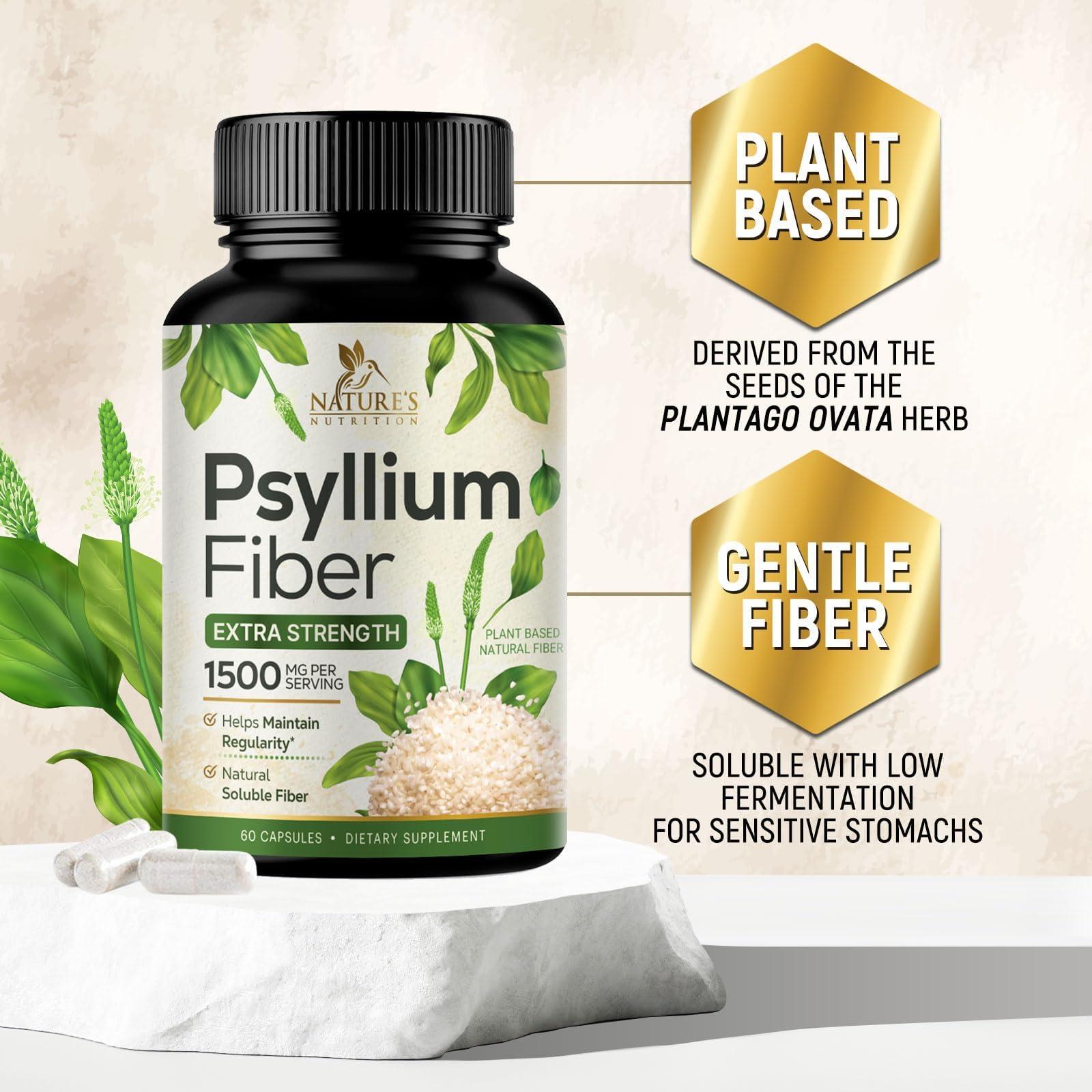 Nature's Nutrition Psyllium Husk Capsules 1500mg, Natural Daily Soluble & Insoluble Fiber, Psyllium Husk Powder Fiber Caps Supports Digestion Colon Health & Regularity, Non-GMO Gluten Free Supplement - 60 Veg Capsules