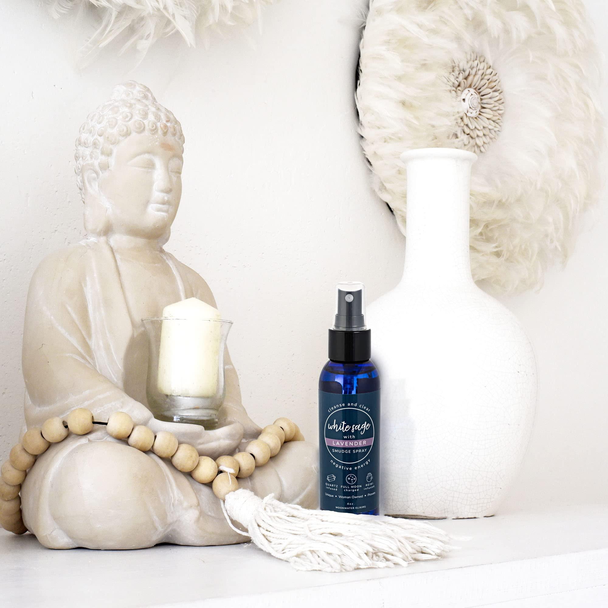 Moonwater Elixirs White Sage Smudge Spray for Spiritual Cleansing & Aura Protection, Sage & Lavender Smudging Spray - Cleansing Negative Energy & Protection, Clear Quartz Reiki Energized Aromatherapy Room Spray 4oz
