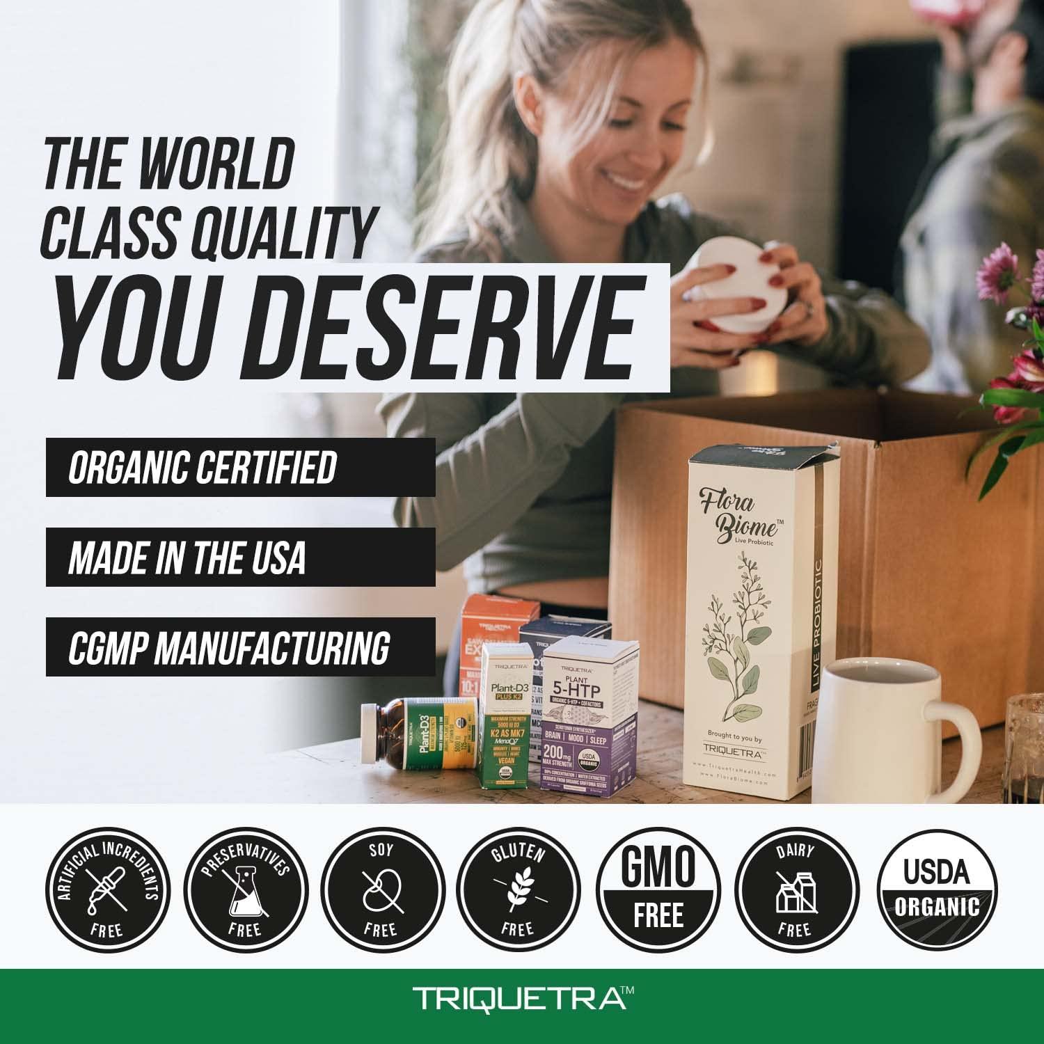 Triquetra Health Organic Vitamin D3 5,000 IU - 100% Whole Food & Plant-Based Cholecalciferol Form, 100% Vegan Vitamin D - Enhanced with Prebiotic & Superfood Complex Organic, Vegan, GMO & Gluten Free (60 Capsules)